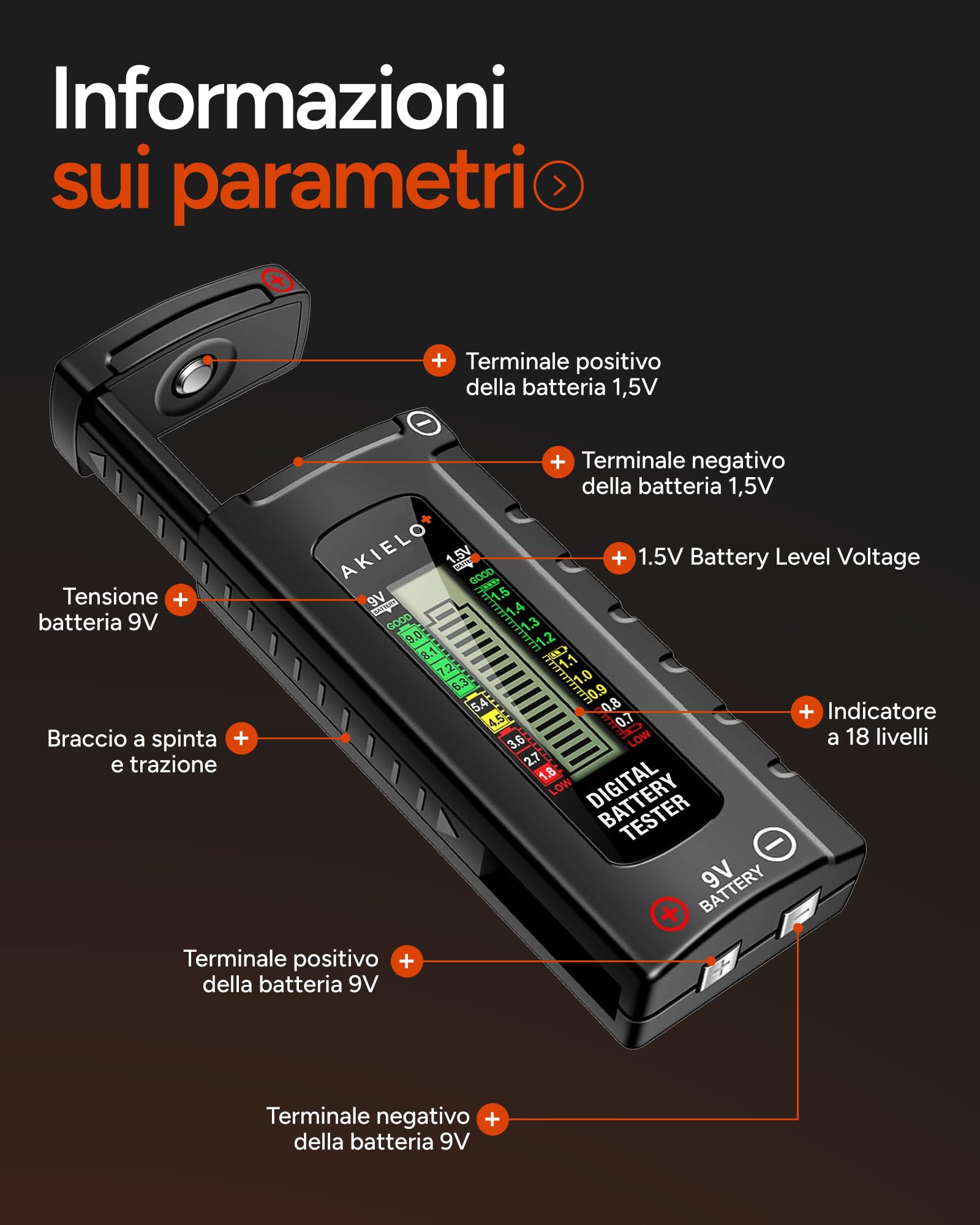 AKIELO+ Tester Digitale per Batterie AA AAA C D 9V 1,5V Pila a Bottone con Display LCD