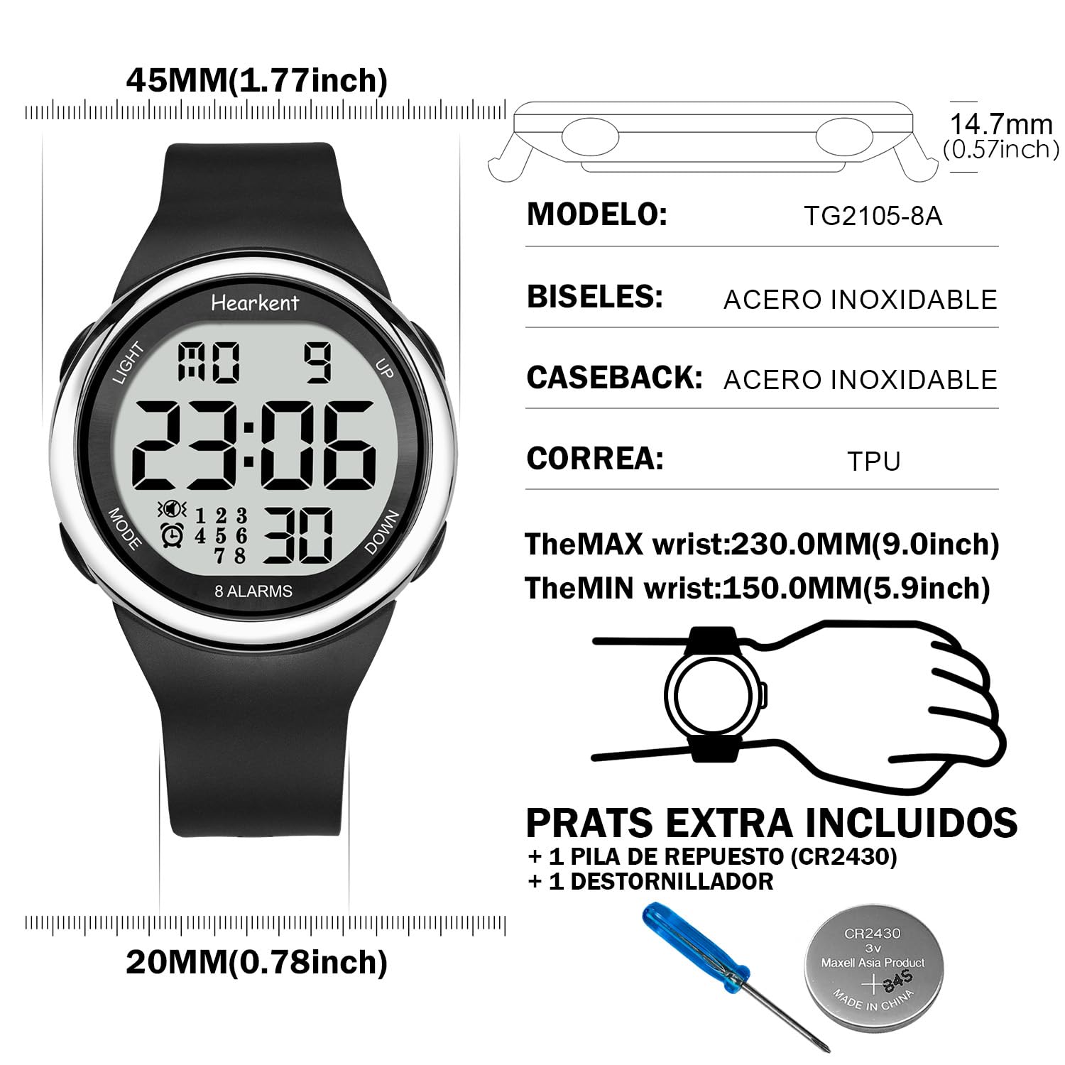 Hearkent Reloj de vibración con 8 alarmas para Personas Mayores | Reloj recordatorio de medicamentos para Personas sordas, recordatorio de alarmas(Negro)