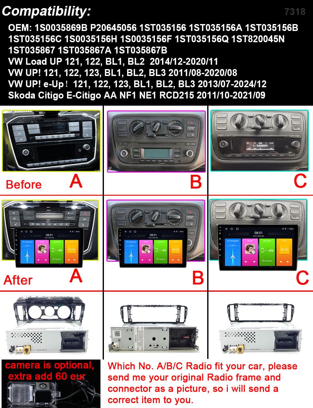 Multimedialny ekran dotykowy AHD Nawigator GPS Canbus RDS/FM DIN SWC Radio odtwarzacz stereo Bluetooth WiFi CarPlay Android kompatybilny z Seat Mii/Skoda citigo E-Citigo/V W UP/Seat lbiza ST Sport