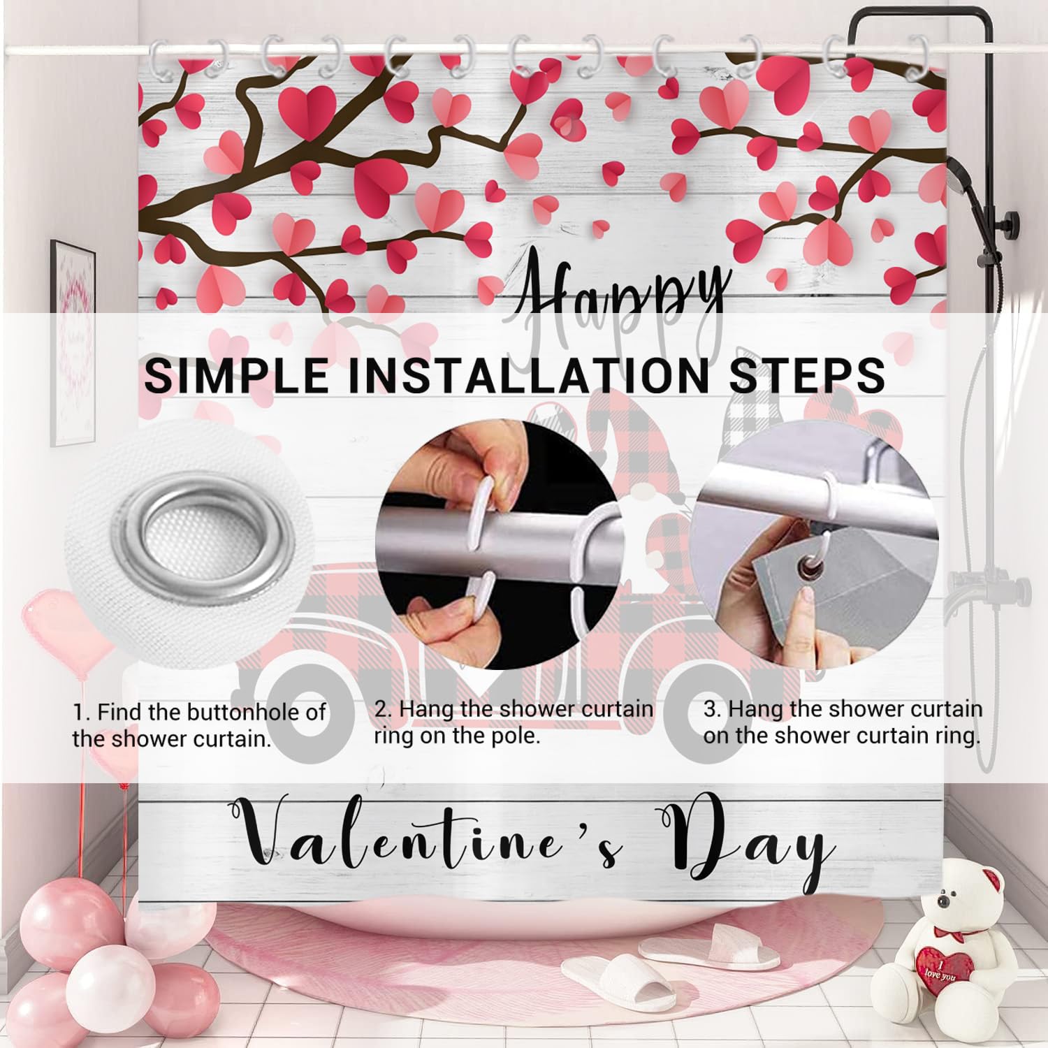 Tenda da doccia per San Valentino, albero con cuore rosa rosso e simpatico gnomo divertente per il bagno, primavera romantica, impermeabile