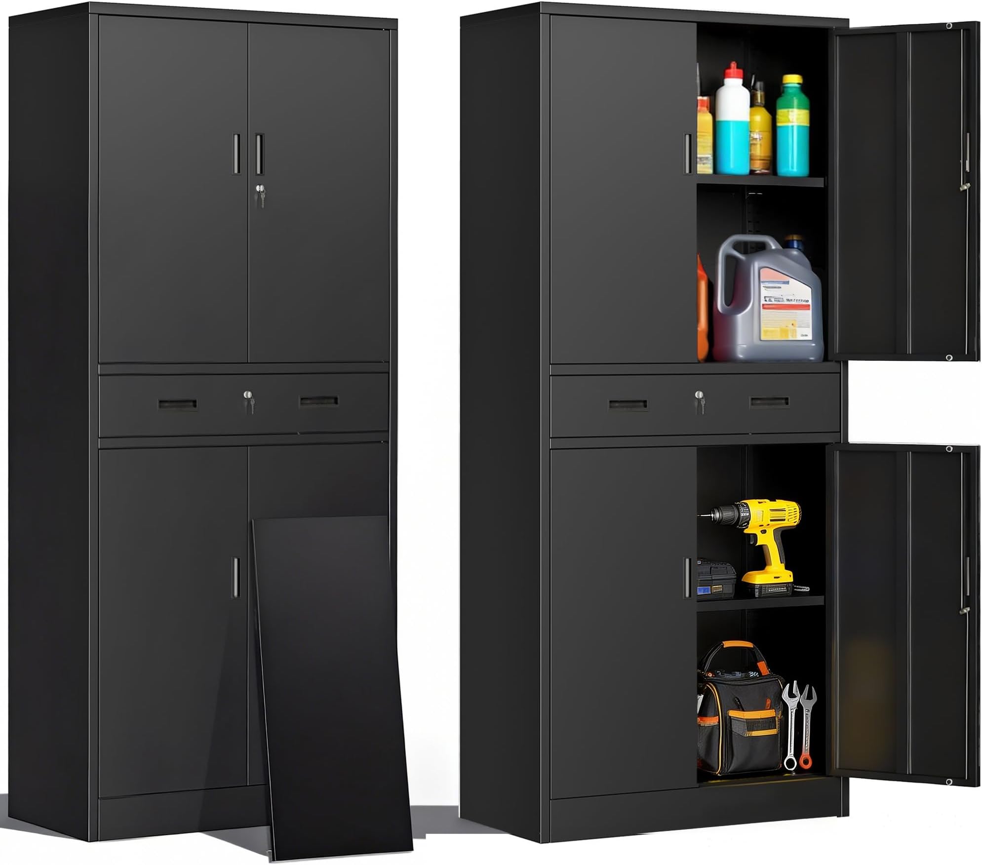71" H Tall Metal Storage Cabinet with Drawer, Metal Garage Storage Cabinet with Lock and 2 Adjustable Shelves for Home, Office, Garage, Warehouse Organize, Black