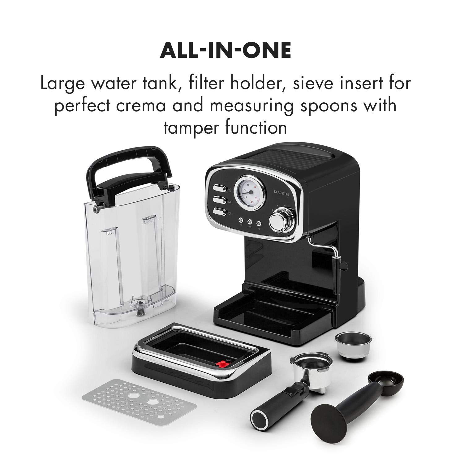 KLARSTEIN Espressionata Gusto - Cafetera espresso, Cafetera automática, Potencia 1100 W, 15 bares, 1,25 litros, Boquilla vapor, Termómetro, Bandeja de goteo extraíble, Negro