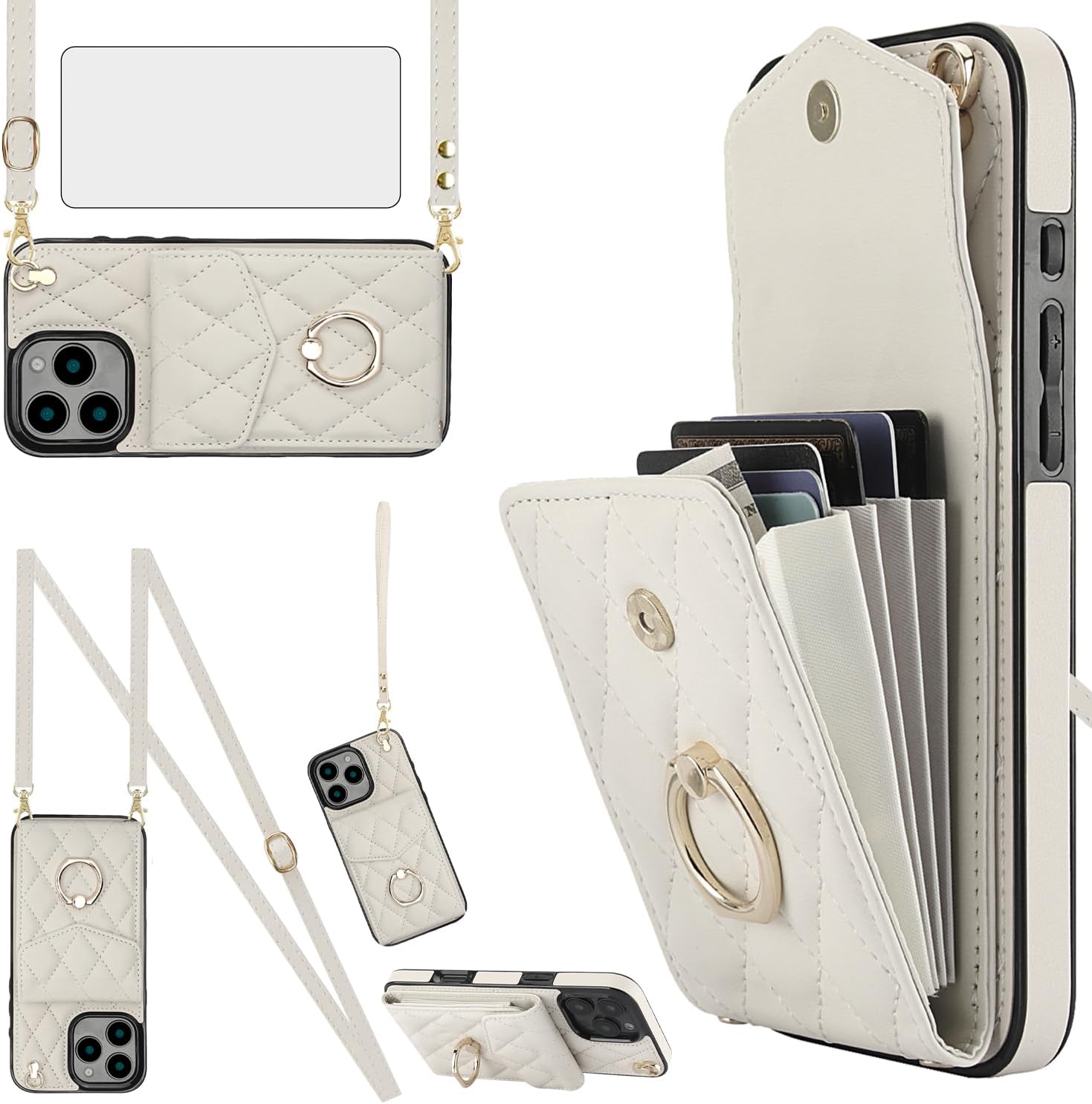 Asuwish Compatible with iPhone 16 Pro 6.3 inch Wallet Case Tempered Glass Screen Protector and Wrist Strap Ring RFID Blocking Card Holder Cell Phone Cover for i Phone16 i16 16Pro Women Girls Off White