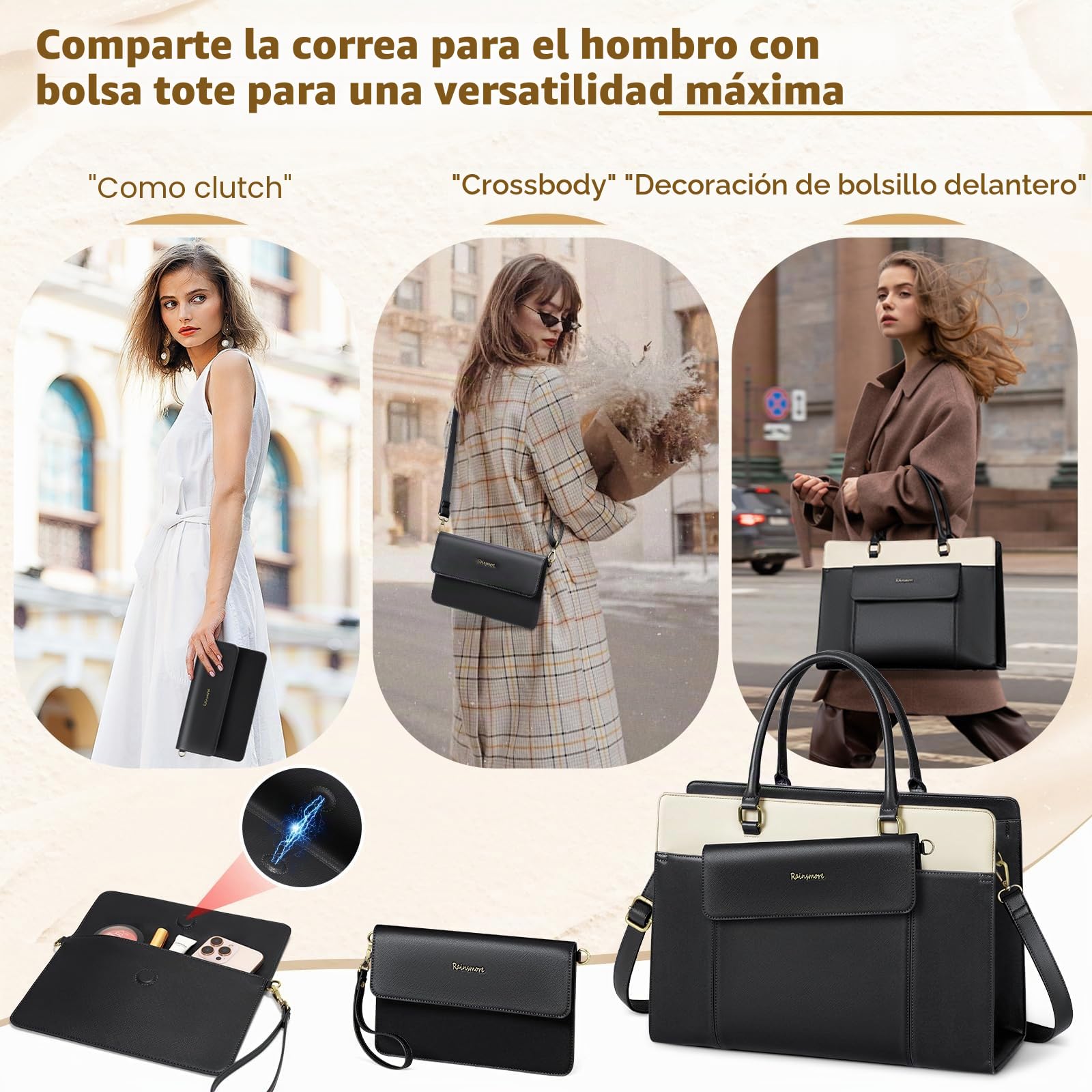 RAINSMORE Bolso Universidad Mujer Bolso Mujer Grande con Clutch Impermeable Ordenador Portatil 15.6 Pulgadas Bolsa Trabajo Shopper Oficina Negro