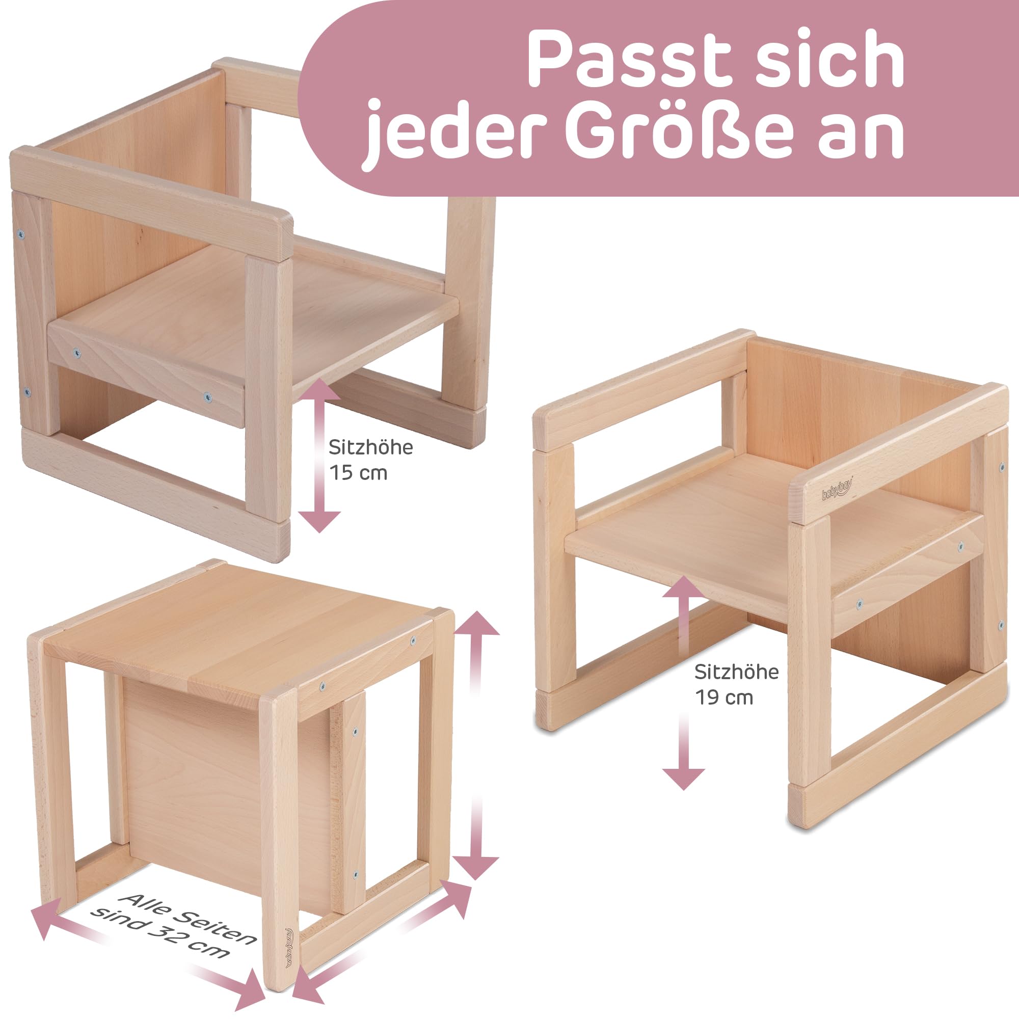 babybay Sitzhocker Littlefoot für Kinder 3-in-1 Stuhl/Tisch, natur lackiert