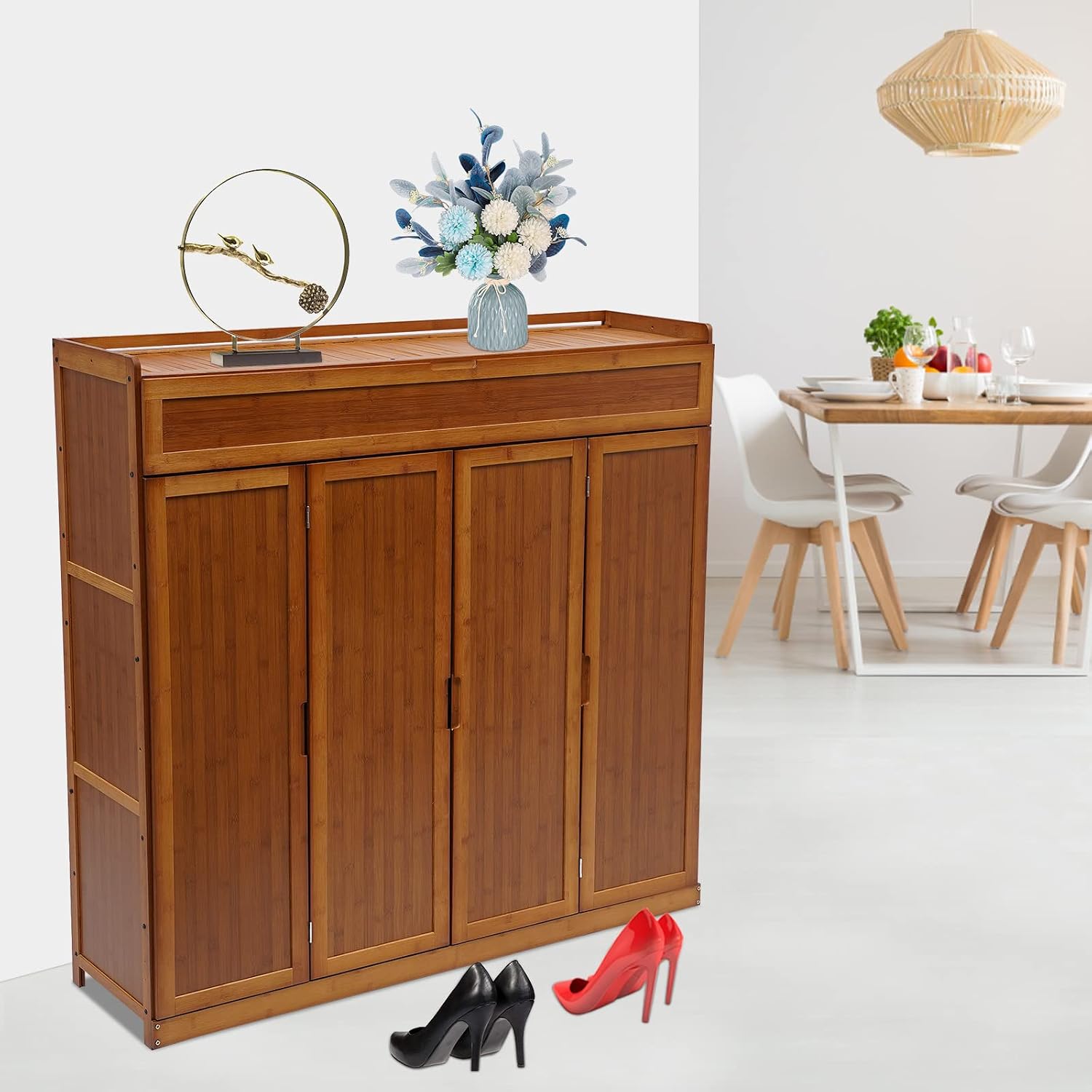 Bamboo Shoe Cabinet 7-Tier with Doors, Home Entryway Shoe Organizer, Cabinet with 20-Pair Heels Boots Freestanding, Tall Compartment for Boots Shoes Rack for Livingroom, Hallway, Bedroom