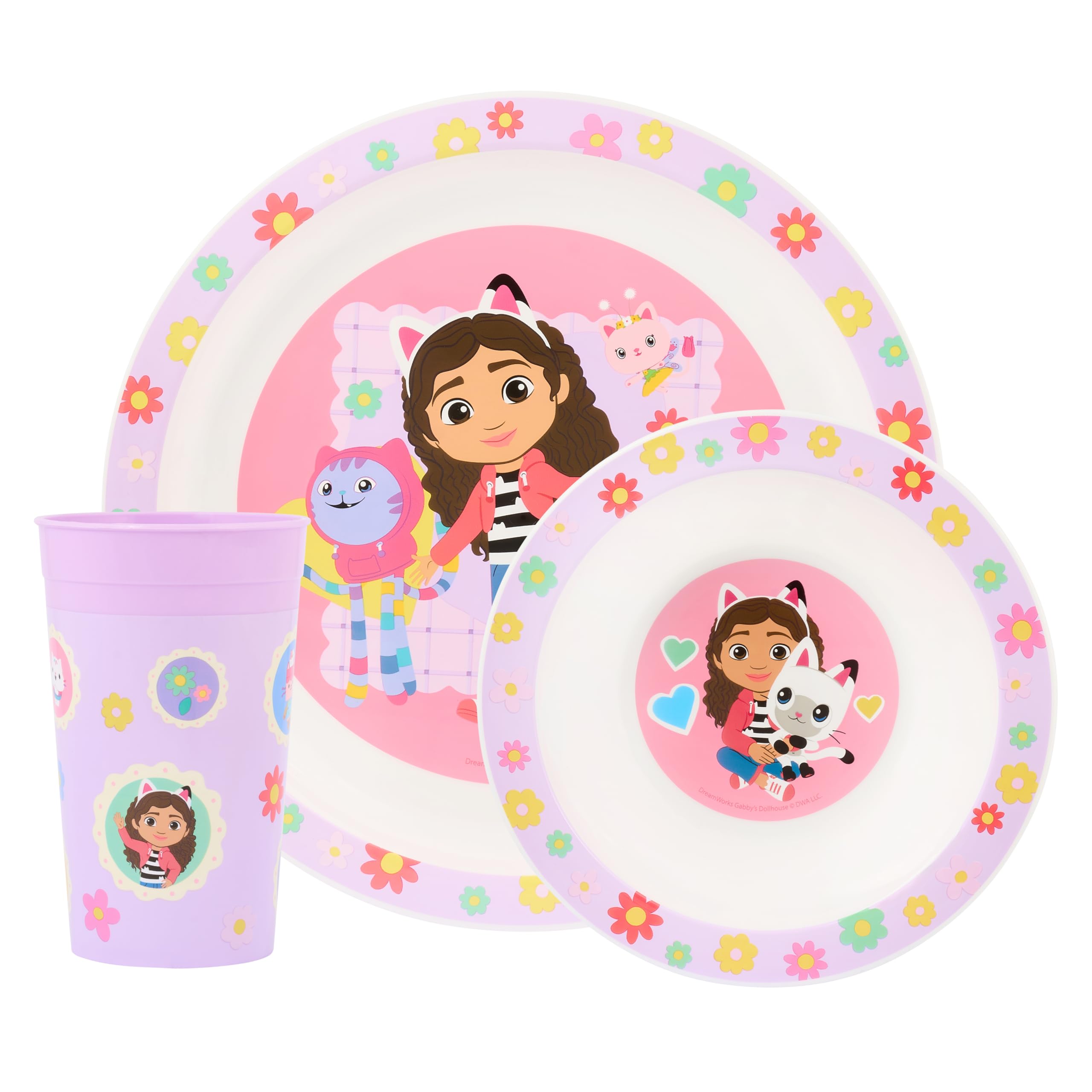 Gabby's Dollhouse 3 Piece Polypropylene Children's Dinner Set, Plate Bowl and Tumbler Featuring Gabby & Friends, 36 Months Plus, Microwave and Dishwasher Safe