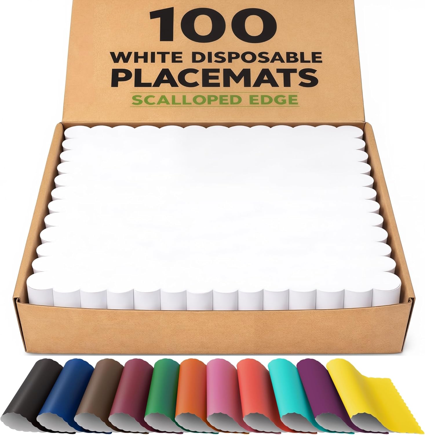 100 White Scalloped Paper Placemats 10x14 Inch 80 GSM Disposable with Dispenser Box - Restaurant Cafe Bakery
