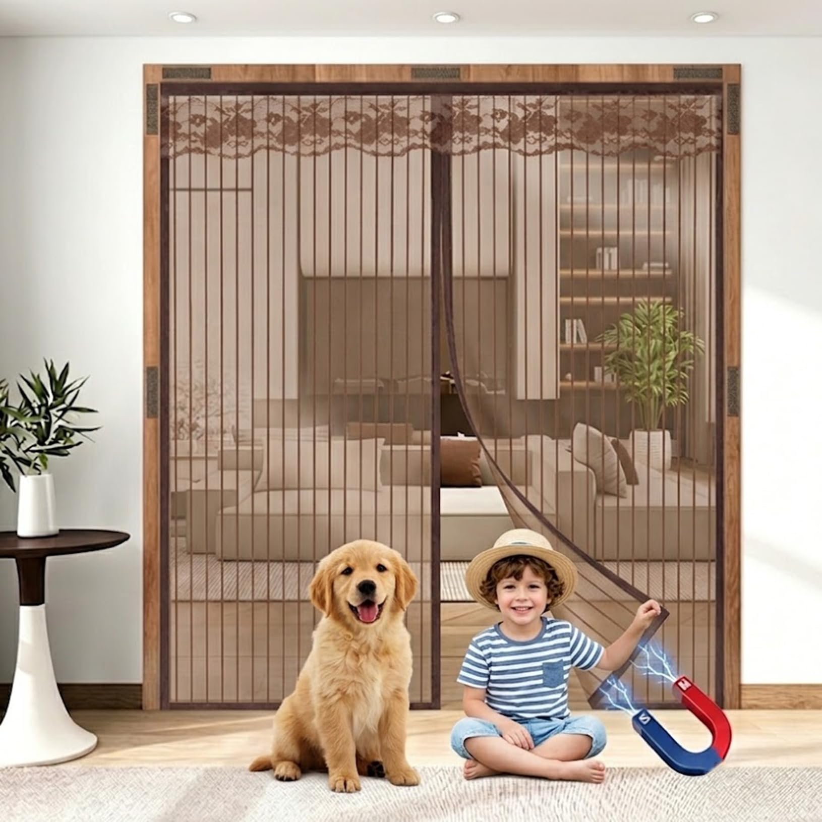 Lorxilar Magnetic Window Fly Screen DIY Insect Mesh Netting for Window Frames Fixed Size Full-Frame Self-Adhesive Screen Net Brown, W 180cm/ H 180cm