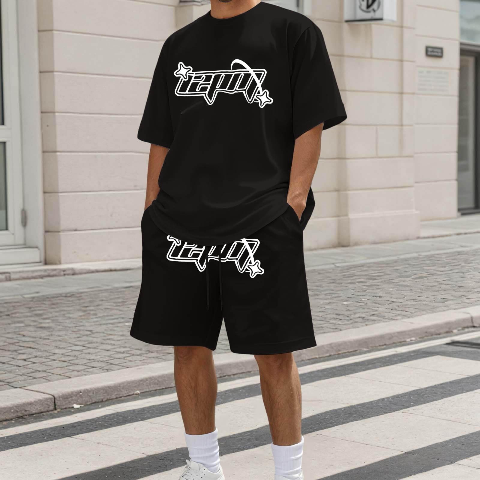 Conjunto Hombre de Verano para Hombre, Moderno, con Estampado de Letras, Informal, de Moda, de Talla Grande, Transpirable, de Manga Corta y Pantalones Cortos.