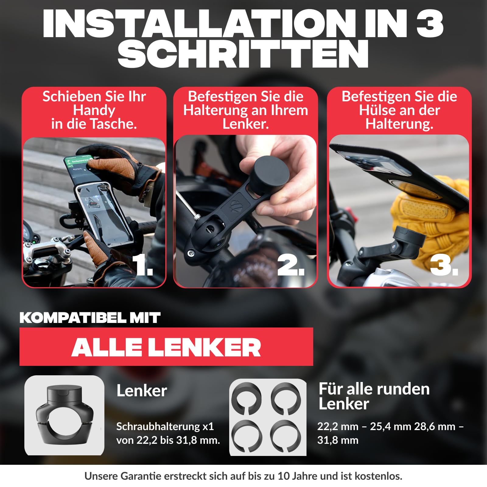 Shapeheart Motorrad-Handyhalterung PRO mit Abnehmbarer Hülle & Booster 360° | Für alle Handys | Schraubhalterung 22–32 mm | Weatherproof | 1-Hand-Bedienung | Dämpft Vibrationen | GPS, Roller, E-Scooter