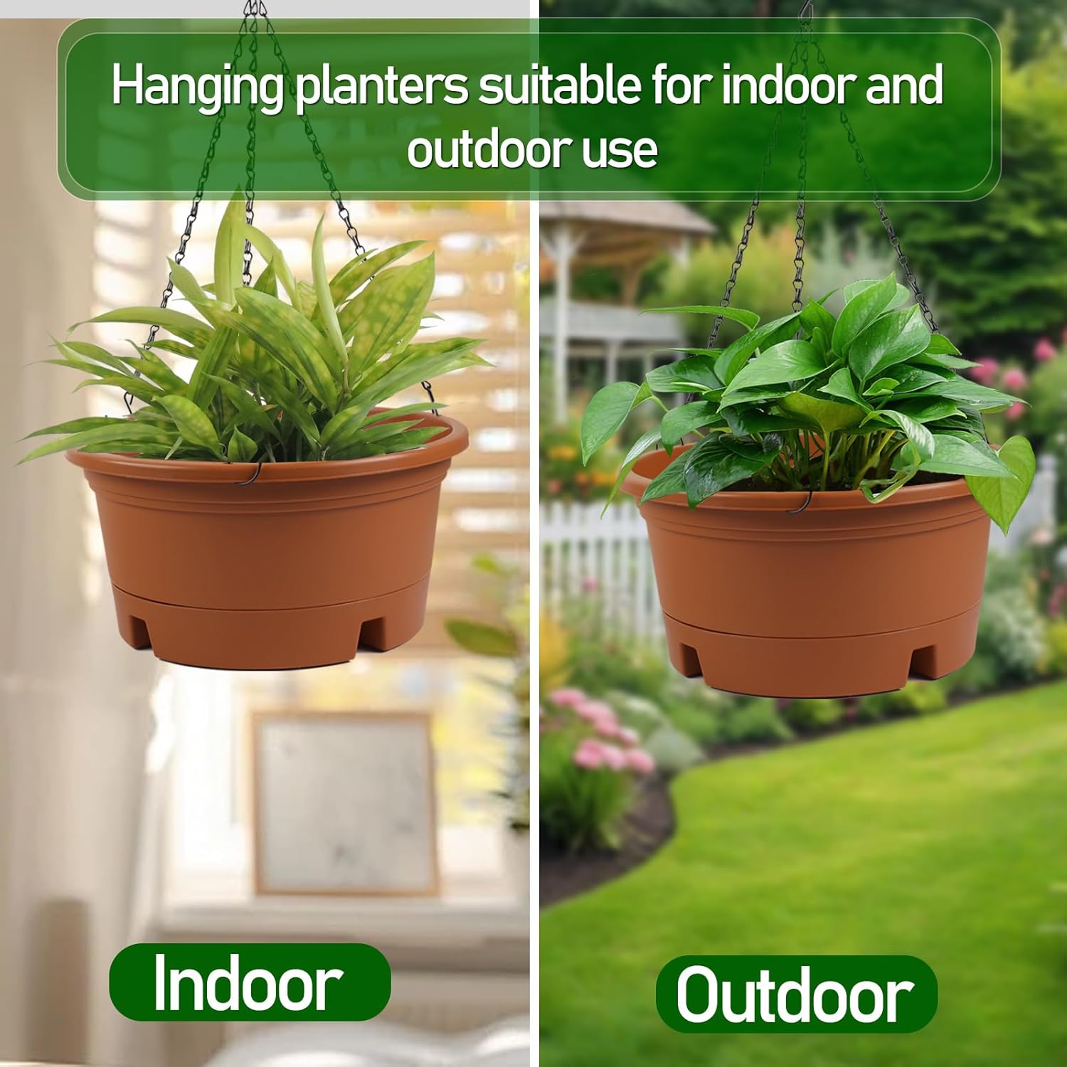 4 Pack 10 Inch Hanging Planters for Indoor Plants, Hanging Baskets for Plants Outdoor with Removable Tray, Plastic Round Hanging Flower Pots with Drainage Holes for Garden Home Decoration (Terracotta)