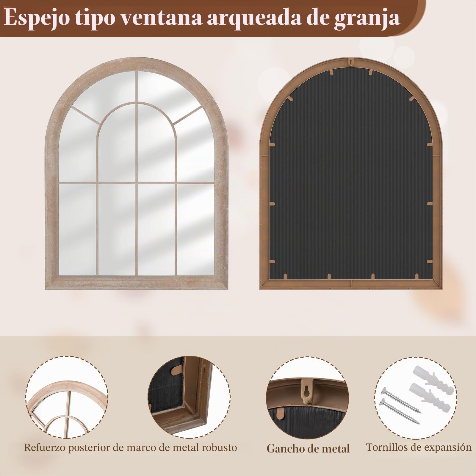 LIFEZEAL Espejo Decorativo arqueado de Pared, Espejo con Marco de Metal rústico y Cristal de Alta definición, decoración con Motivos de celosía para Sala de Estar, Dormitorio (69,5 x 3,5 x 88)