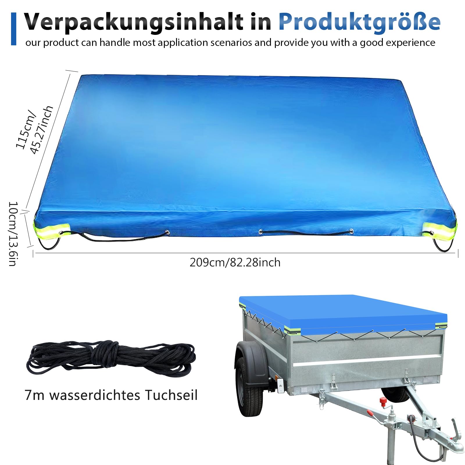 Telone per rimorchio, 209 x 115 x 10 cm, impermeabile, con corda per telone, in PVC, per rimorchi, 750 kg