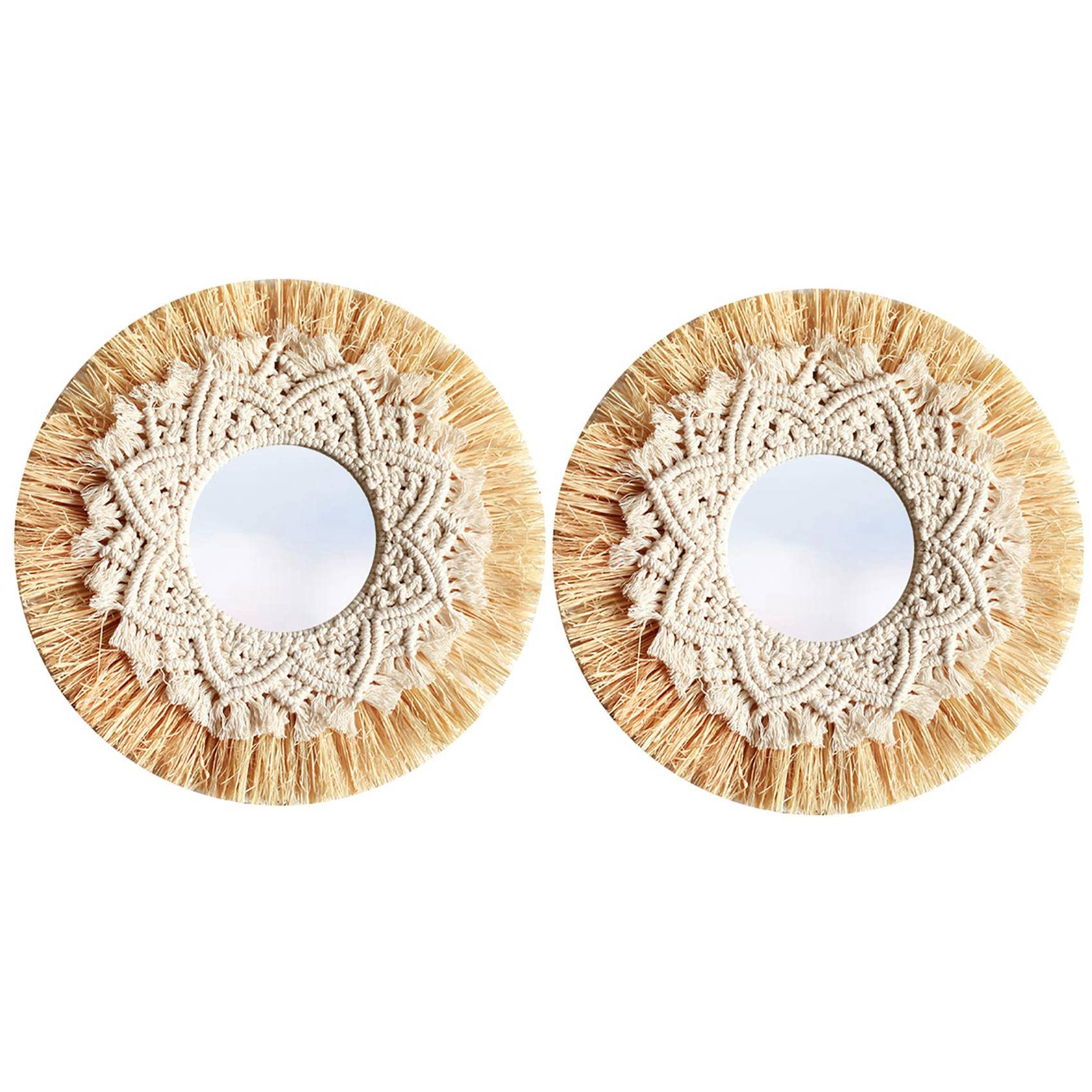 Hndhbfgrt 2X Nordic Straw Woven Hotel Bed and Breakfast Wall Boho Decor Handwoven Mirror Wall Decoration Macrame Decorative Mirror
