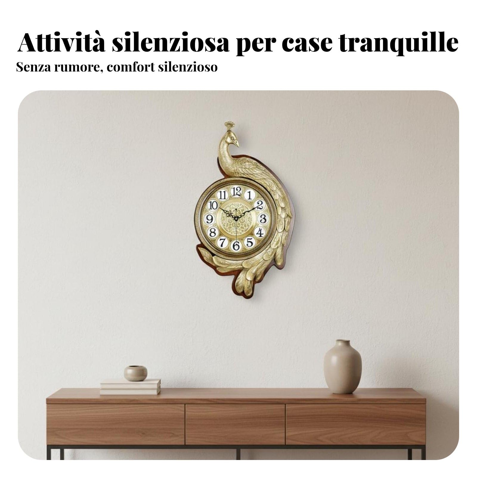 Orologio da Parete Vintage Orologio Sveglia Pendola Quadrante in Vetro Chiaro con Pannello Effetto Legno Telaio Metallico Durevole Funzione Silenziosa, 8270B
