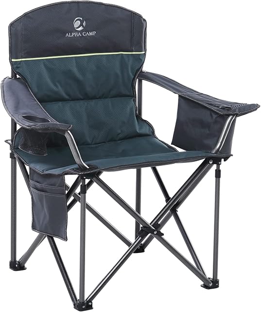 ALPHA CAMP Portable Folding Oversized Camping Chairs with Cup Holder and Cooler Bag - Heavy Duty Steel Frame Support 200 KG