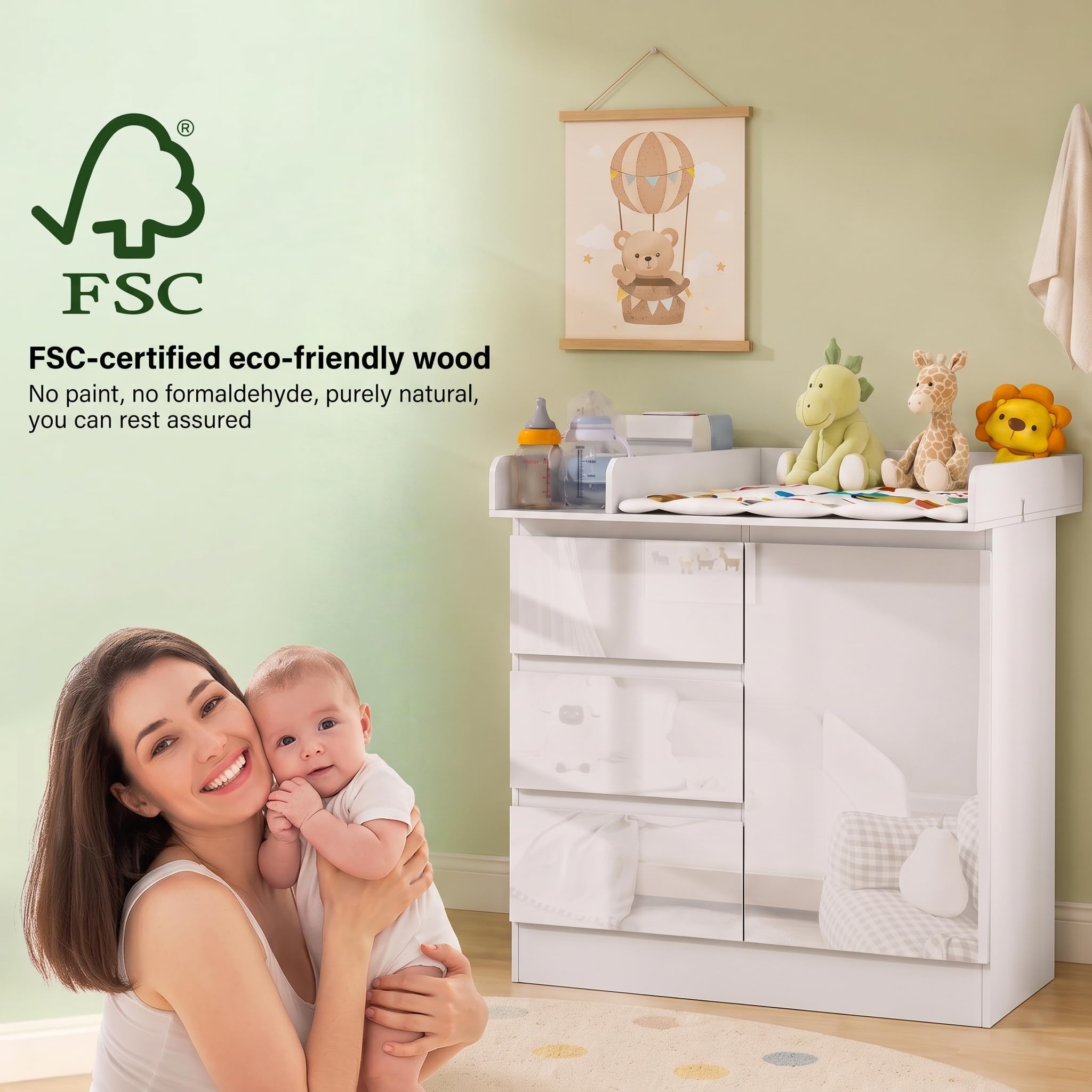 Wickelkommode mit Wickelaufsatz, Wickeltisch mit 3 Schubladen, Baby Kommode Abnehmbarem, Babyschrank 88cm Hoch Zum Schutz Der Lenden, Weiße Kinderkommode für Eltern Baby