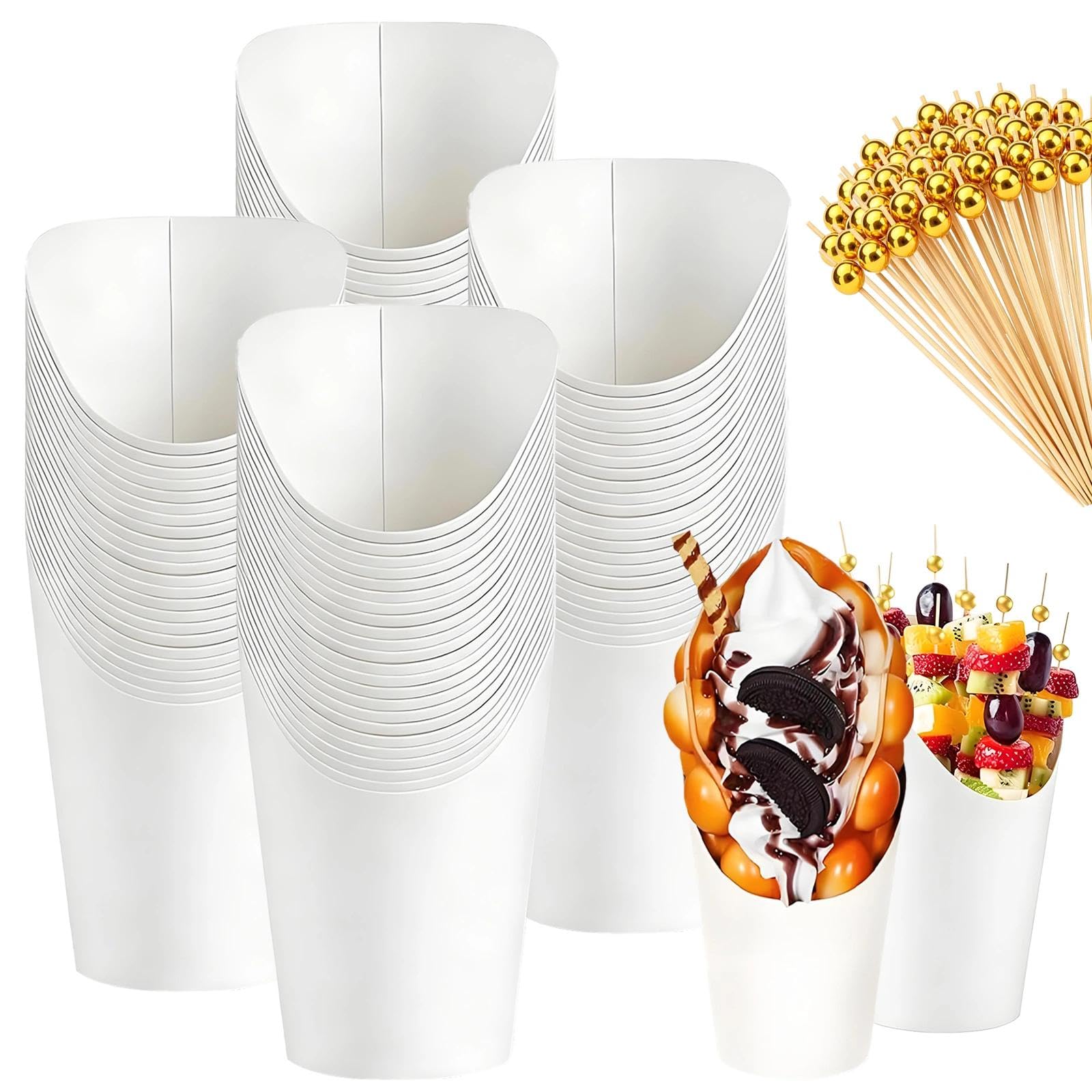 JIESHEPR 12oz Slant Mouth White Paper Cups with Golden Beaded Fruit Sticks, Dessert Cups for Parties, Ideal for Serving Desserts, Charcuterie, French Fries and Snacks (50, White)
