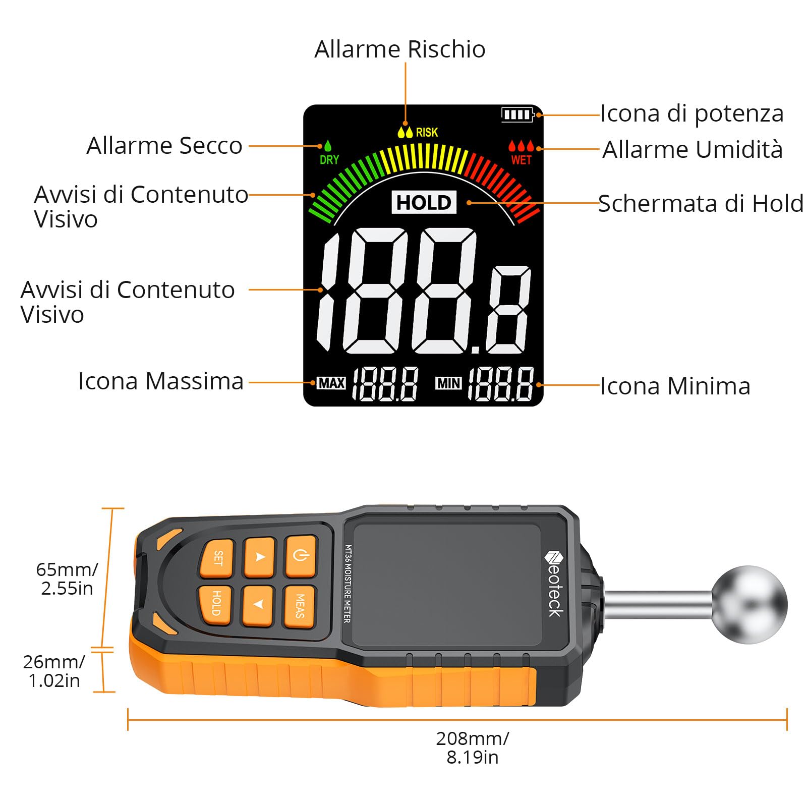 Neoteck Misuratore di Umidità Legno Ricaricabile, 5-40 mm di Profondità di Analisi Misuratore di Umidità Muri con Sonda con Schermo a Colori LCD e Allarme Umidità per Legno Intonaco Cemento Gesso