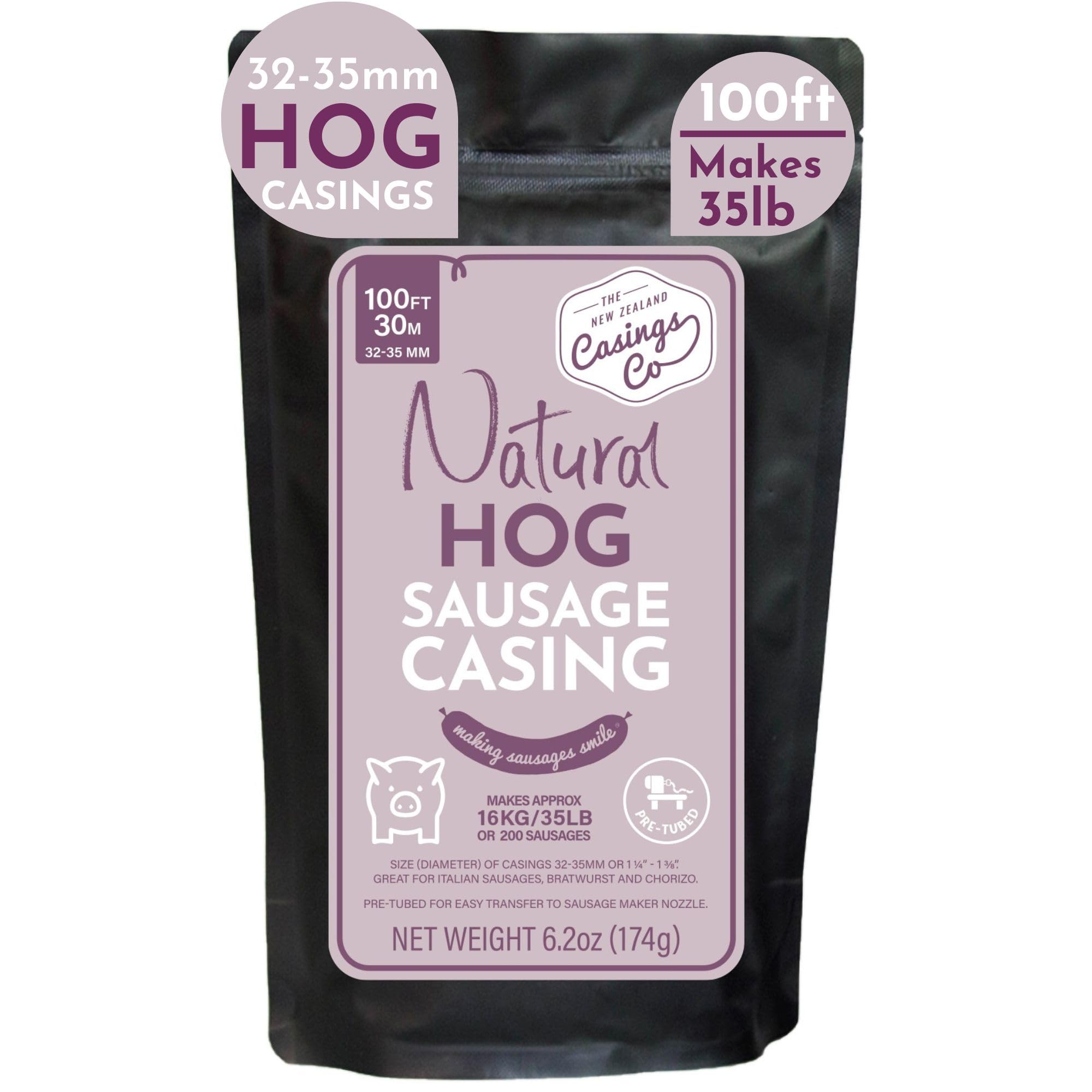 SAUSAGE CASINGS Natural HOG Casings for Sausage Making, 100ft of 32mm, Makes 35lb, Pre-Tubed, Edible, A Grade, Ideal Sausage Casing or Pork Casing for Italian Sausages, Kielbasa and Chorizo.