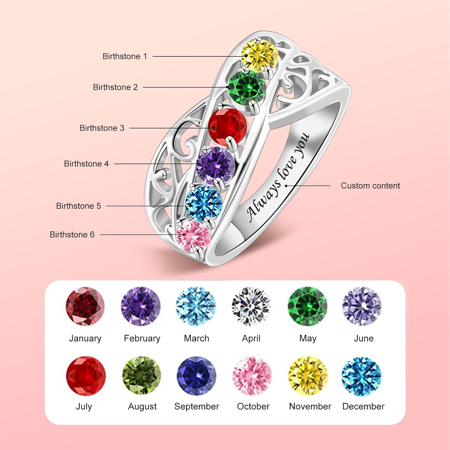 LucySky Custom Gift for Mom's Ring, Personalized Mothers Rings with 1-6 Simulated Birthstones, Engraved Family Ring Gift for Mom Grandma Mother's Day Anniversary Christmas