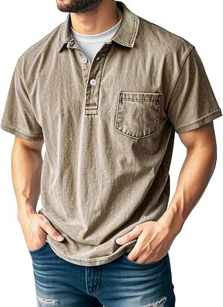 HARGLESMAN Mens Retro Polo Shirt Short Sleeved Button Up Shirts