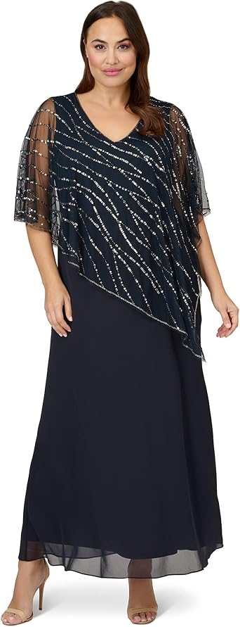 Adrianna Papell Womens Beaded Popover Midi Dress