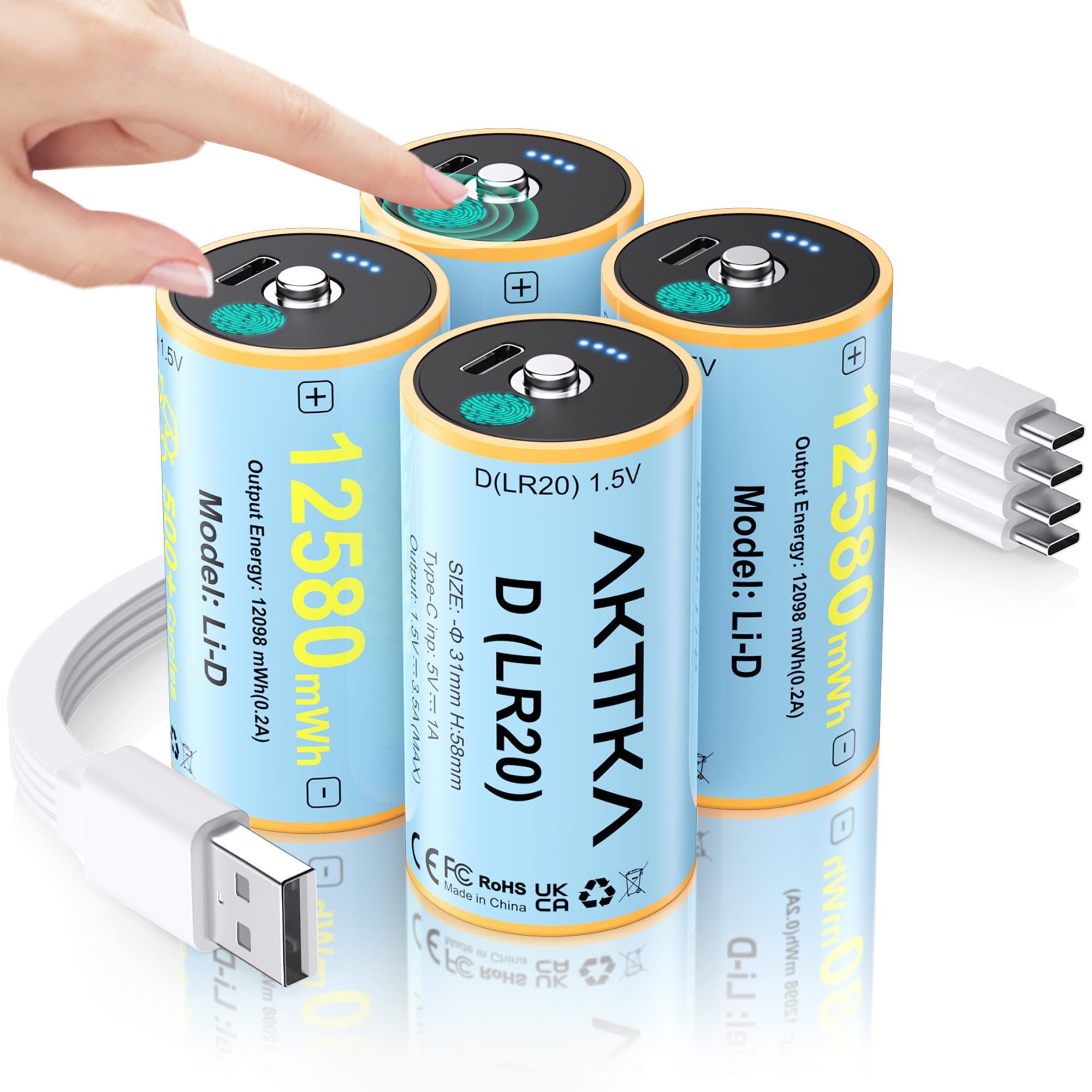 Piles D Rechargeables 12580 mWh, Lot de 4, 1,5V Li-ION, LR20, Mono D