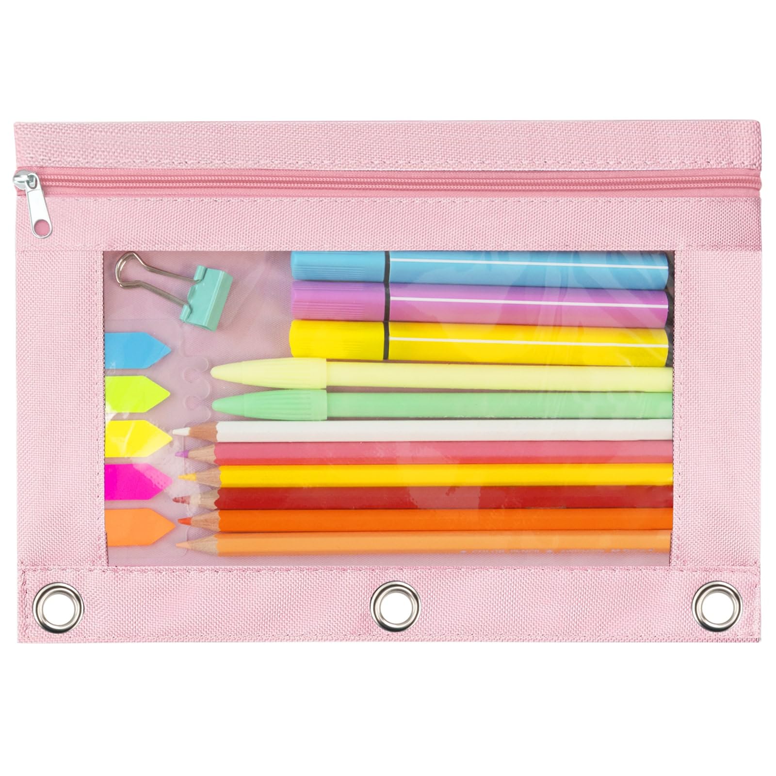 ACRSIKRPencil Pouch 3 Ring, Zipper Pencil Pouches Case Binder Cosmetic Bag (Pink, 1)