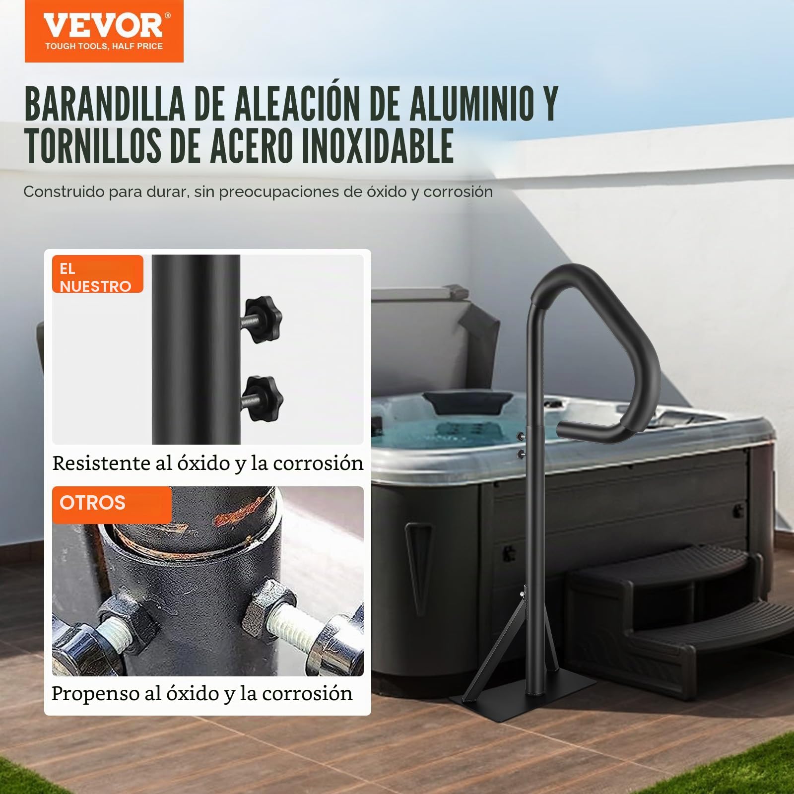 VEVOR Pasamanos Lateral para Spa 54,2x37x144,7 cm Pasamanos de Jacuzzi Giratorio de 360​​​​° Altura Ajustable 89-144,7 cm Carga 272 kg Base de Montaje Deslizante de Aluminio Antioxidante para Bañera