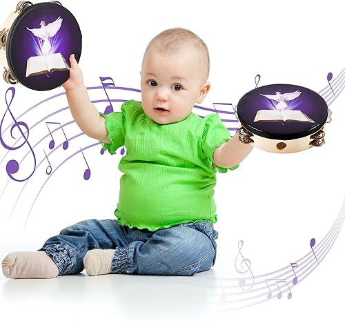 Miniatura 7 de Boao Paquete de 6 panderetas de doble fila para adultos de 6, 8, 10 pulgadas, paloma, campanas de mano, jingles de doble fila, música, percusión,