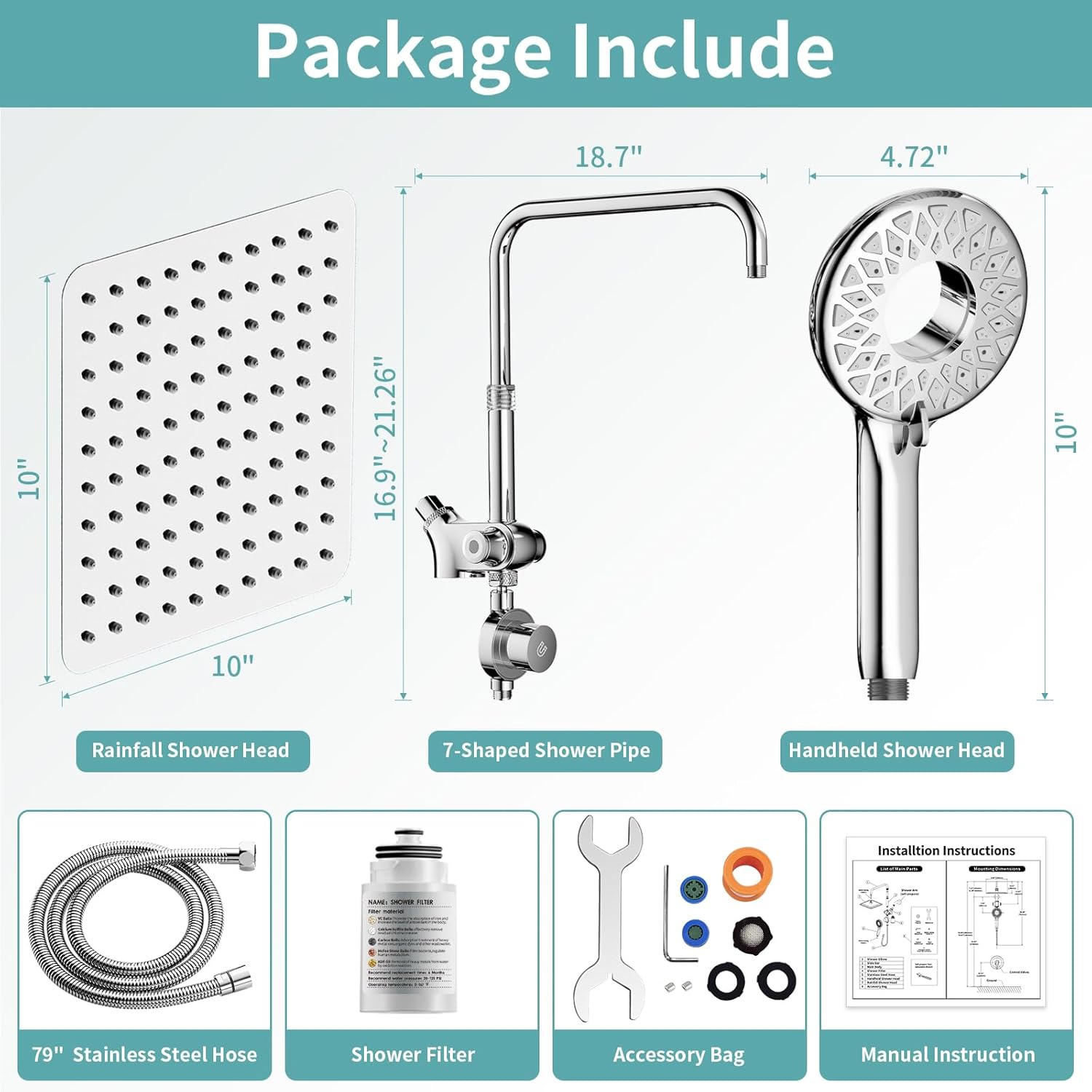 10 Rainfall Shower Heads with Handheld Spray Combo High Pressure, Magnetix Shower Head with Filters for Hard Water, 2 in 1 Dual Shower Head with Handheld and Adjustable Slide Bar (Chrome)