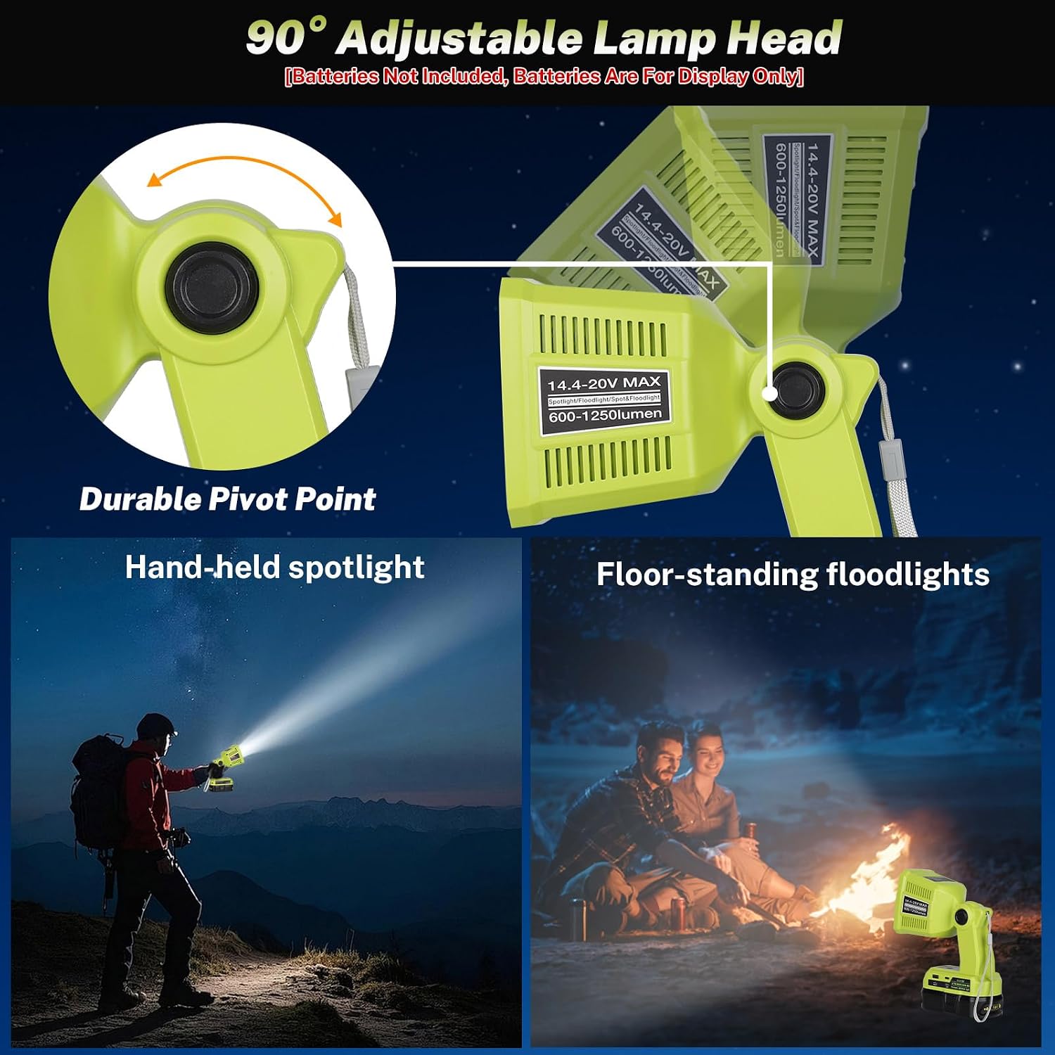Work Light Compatible with Ryobi 18V Battery, Work Lights 1250LM 18W with USB & Type-C Output Port, Portable Flashlight Spotlight & Floodlight 2 in 1 for Home Repair Lighting [ No Battery ]