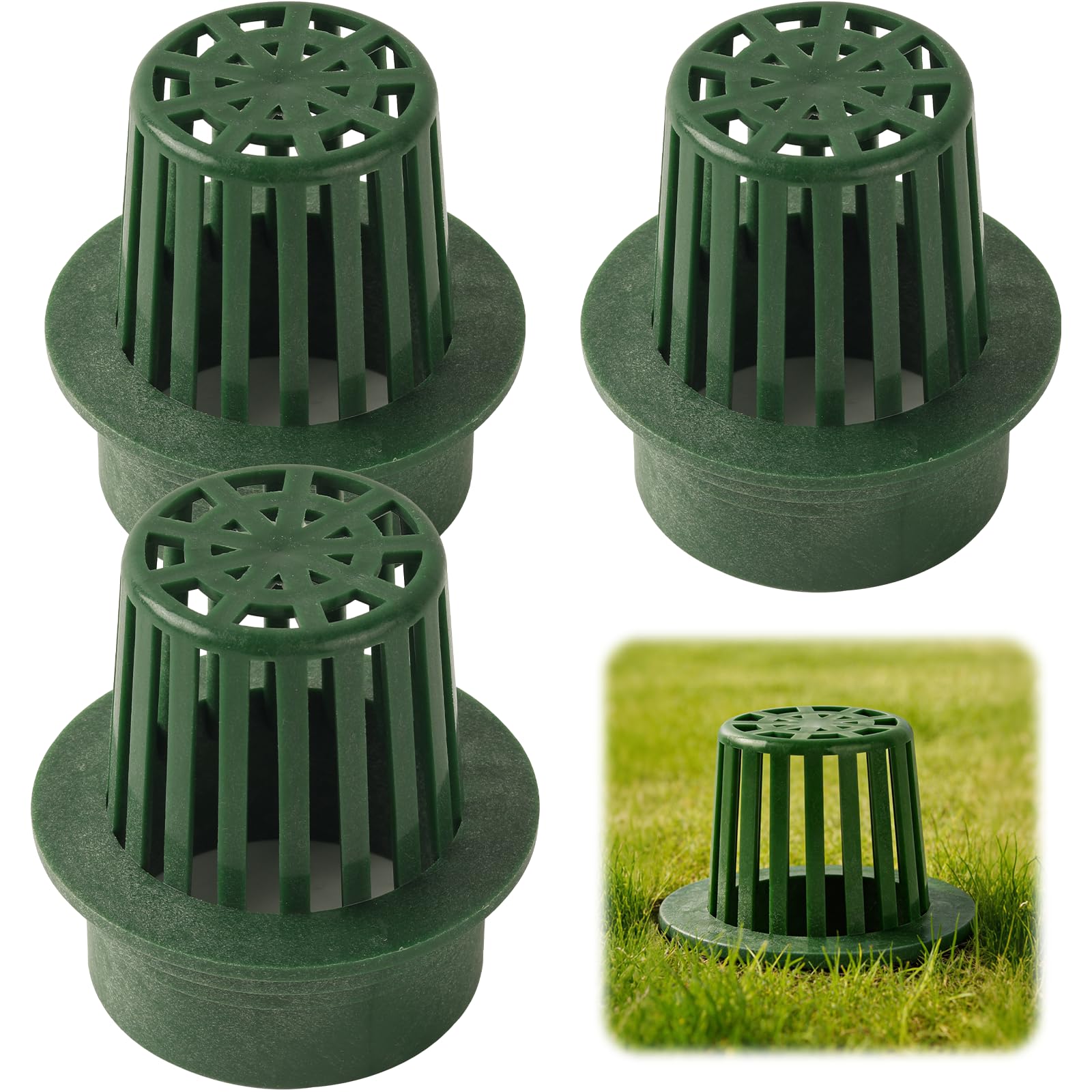 Photo 1 of (3-Pack) Calvana 3” Round Atrium Drain Grate Cover, Compatible with NDS 78A, Fits 4” Sewer and Drain Pipe Fittings, Perfect for Small Lawns, Landscaping, Patios, Extra Tough Polyethylene, Green