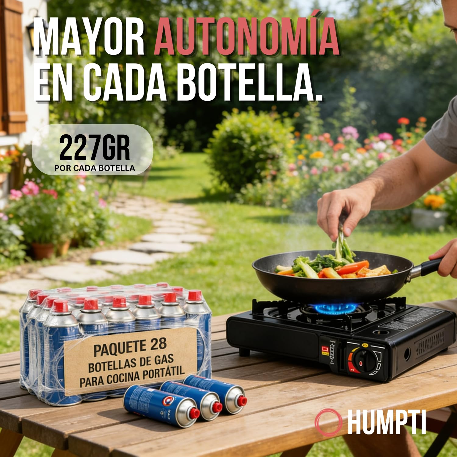 Réchaud à Gaz de Camping Humpti + 4 Cartouches Butane Incluses - Portable Léger avec Adaptateur Bouteille - Compatible EN417 - Camping, Randonnée, Bivouac, Urgences (28 Cartouches)