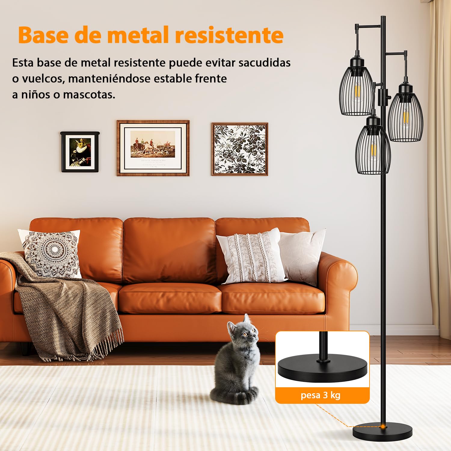 Nintiue Lampara de pie regulable, 3 bombillas LED de 800 lm incluida, lámpara de pie industrial de granja, con elegante jaula en forma de lágrima, Lamparas de pie salon para dormitorio y oficina