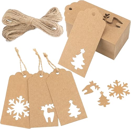 joycraft 150 etiquetas de regalo de Navidad con cuerda, 3 estilos de papel kraft en blanco huecas, etiquetas colgantes de regalo personalizadas para
