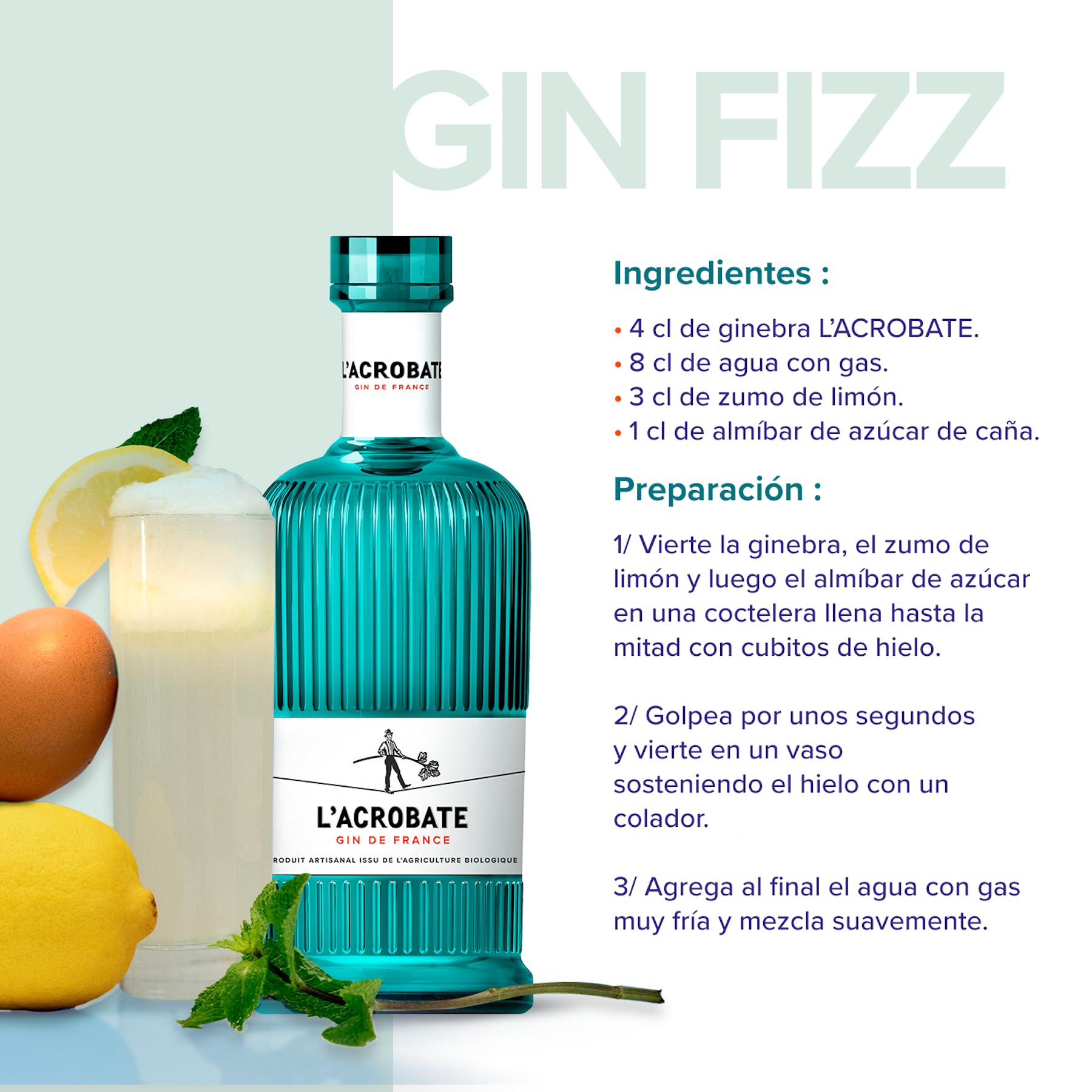 L'ACROBATE - Gin Bio - Gin Artesanal Francés - Origen Francia - Medalla de Oro 2021 Concours Mondial de Bruxelles - 44% De Alcohol - Botella 700 ml