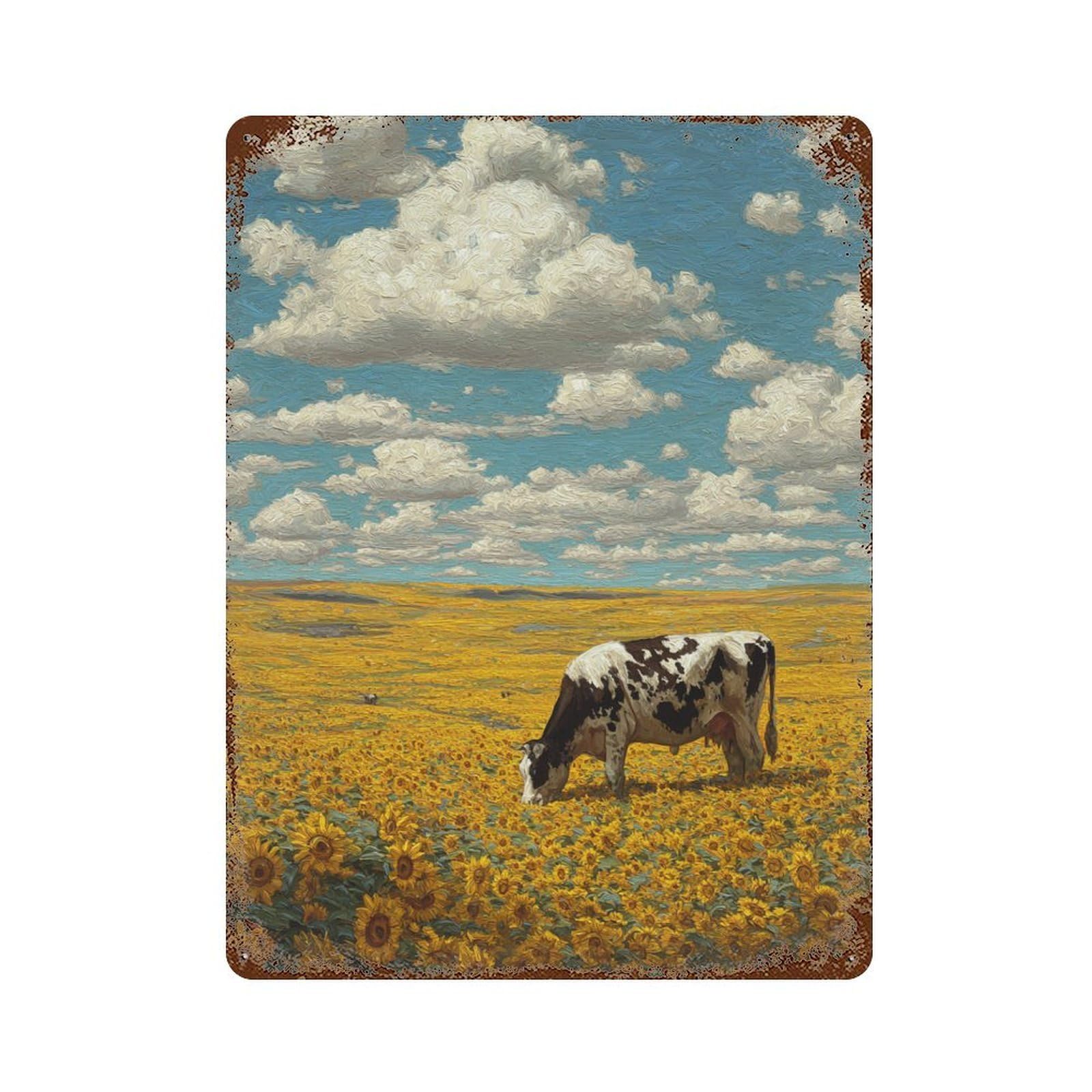 Sunflower Field with Cow 15.7"x11.8" Aged Metal Wall Plaque, Vintage Wall Decor for Bistro, Counter And Cafe Decor
