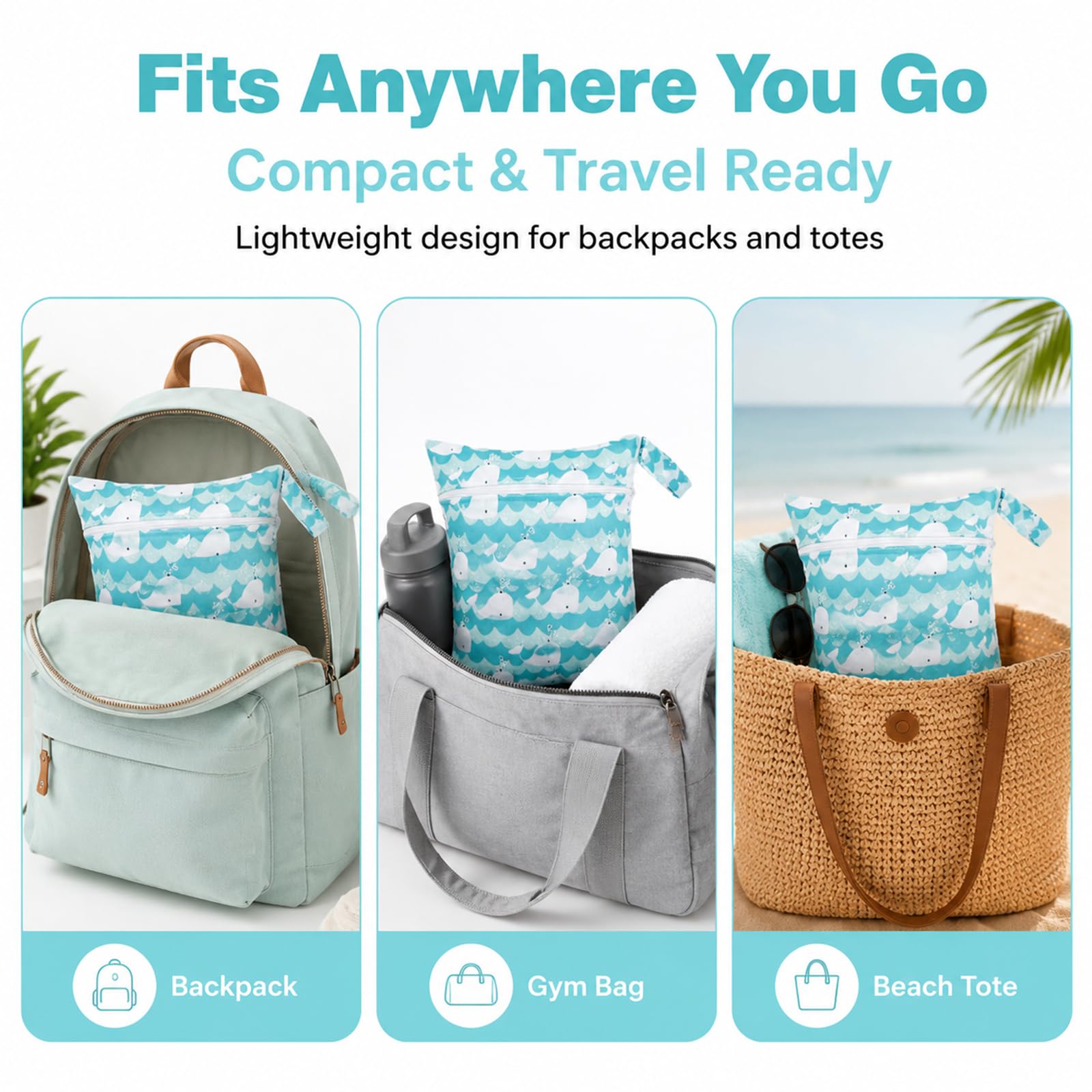 Set da 3 Wetbags Blu Balena Design, Borse Impermeabili per Pannolini e Indumenti bagnati per Neonati e Asilo, Wetbag Portatile per Viaggio con Dolce Motivo Balena