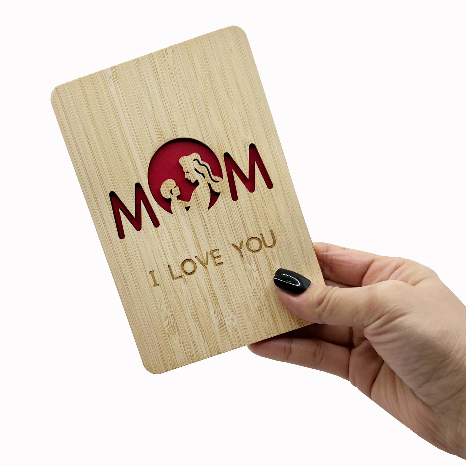 Biglietto D'Auguri In Bambù Per La Festa Della Mamma – Inciso "Thank You Mom For Everything" Con Cuore E Busta 3D, 11x15 Cm - 2