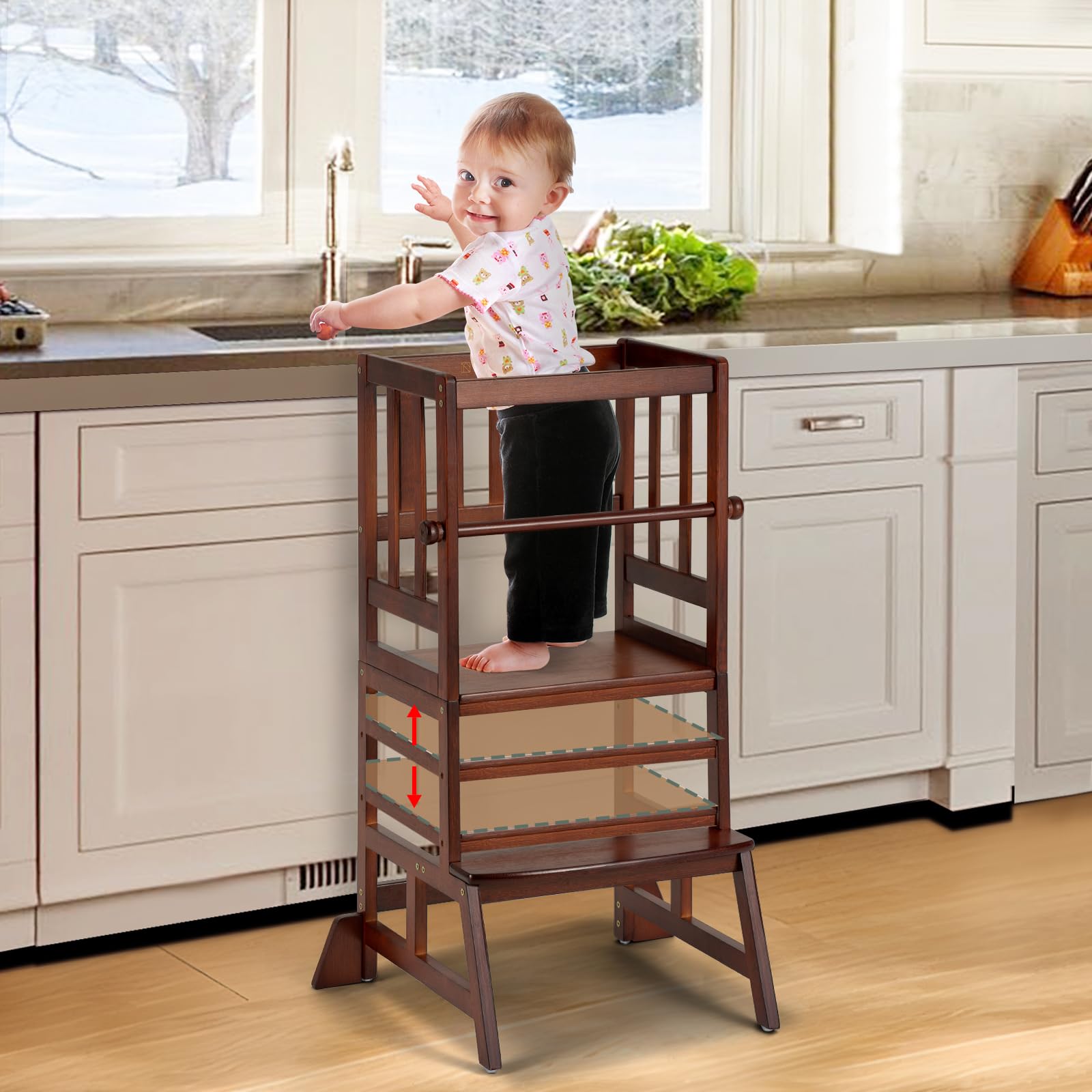 COSYLANDToddler Standing Tower - Adjustable Height Toddler Kitchen Stool Helper - Kids Kitchen Step Stool for Learning with Removable Safety Railing Brown
