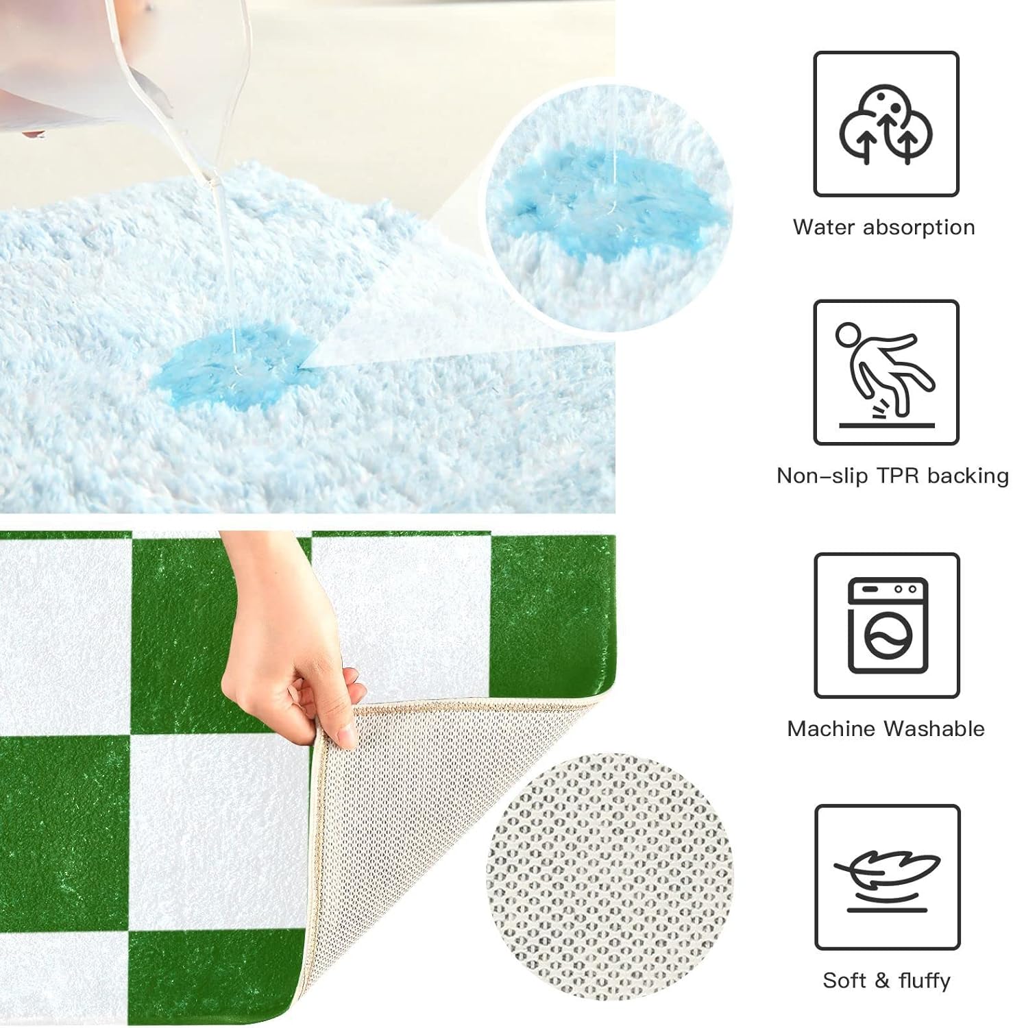 Checkerboard White Green Plaid Bathroom Rugs Mats Soft Absorbent Bathroom Rug Mat Washable Bath Mats Rugs for Bathroom Floor Non Slip Bath Rug Mat for Bath Bedroom Door, Bathroom Rugs Sets 2 Piece
