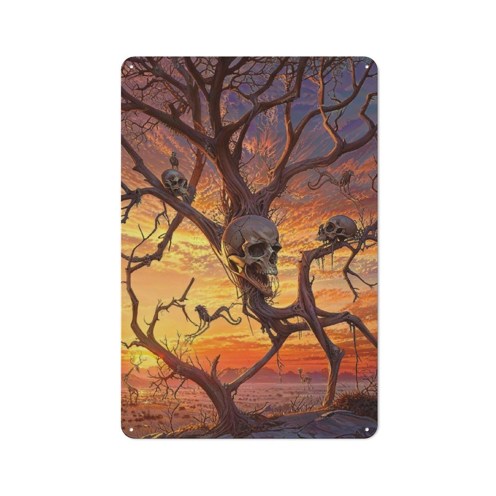 Junmoney Tree Branch Skull Animals Metal Sign 30X20cm With For Hallway Wall, Vintage Decor, For Garage, Workshop And Man Cave Decoration