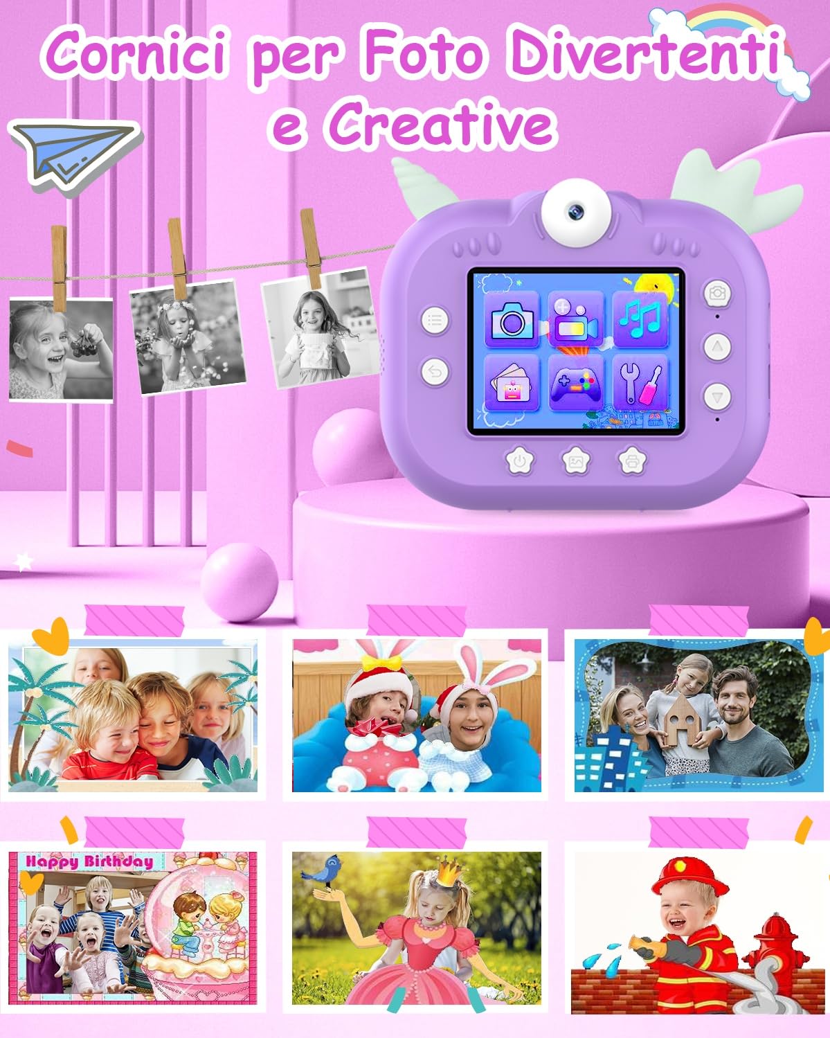 Robofun Macchina Fotografica Istantanea, 2,4 Pollici 1080P 48MP HD 180° Obiettivo Rotante Fotocamera Digitale con 32GB Scheda SD e Carta da Stampa, Regalo per Bambini dai 3-12 Anni - Viola