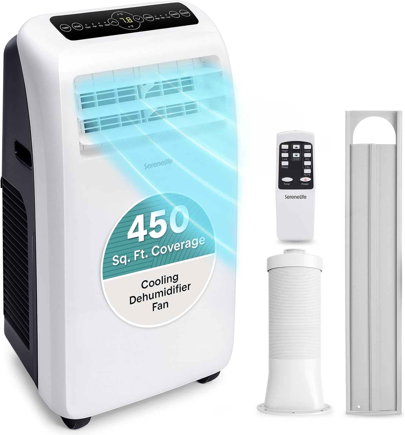SereneLife Small Air Conditioner Portable 10,000 BTU with Built-in Dehumidifier - Portable AC unit for rooms up to 450 sq ft - Remote Control, Window Mount Exhaust Kit