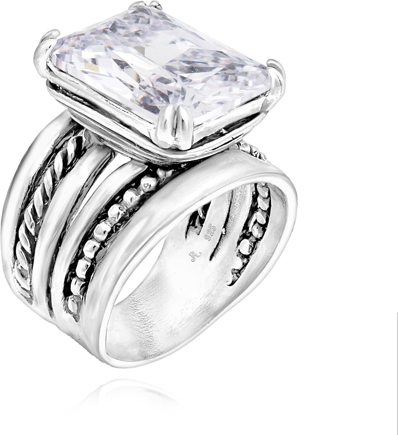 JEAN RACHEL JEWELRY 925 Sterling Silver Ring - Rope Bead with Octagon Cubic Zirconia Vintage Design - Hypoallergenic, Lead & Nickel Free - Artisan Handcrafted Statement Rings for Women