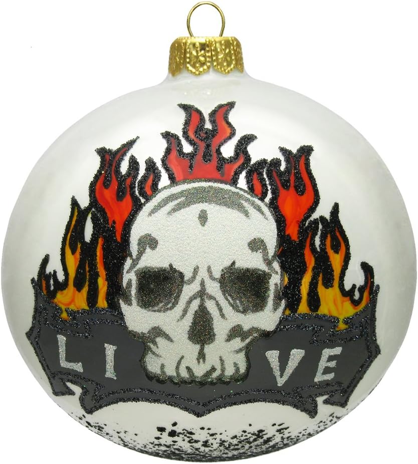 Live Flaming Skull Tattoo Design Polish Glass Christmas Ornament by Thomas Glenn