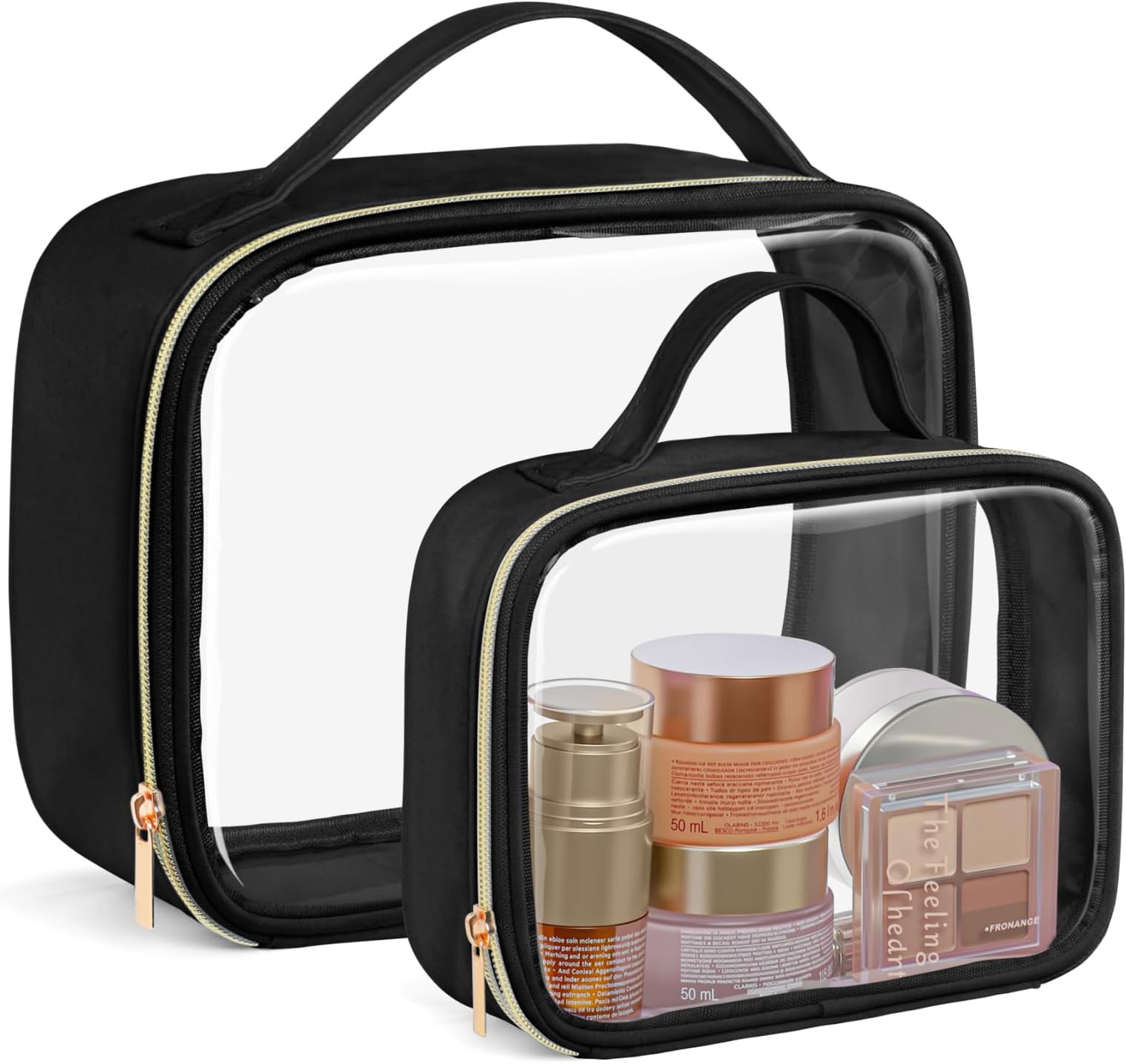PACKISM Clear Makeup Bag Combo Pack, 1 TSA Approved Medium & Large for Checked Luggage, Clear Toiletry Bag with Handle, Water-resistant Travel Essentials Organizer, Black